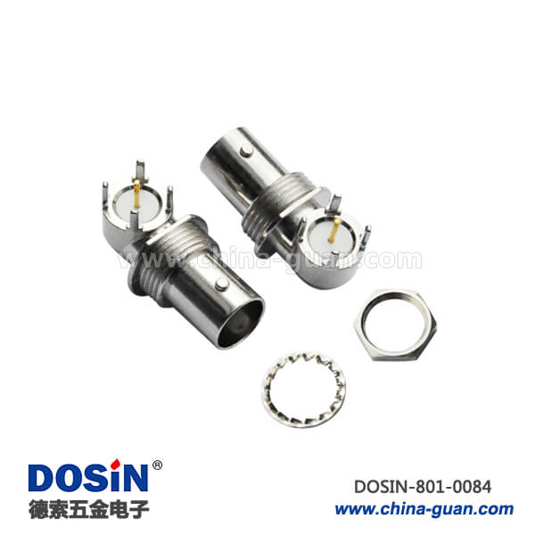 801-0084 BNC接口鋅合金母頭彎頭4腳射頻同軸連接器PCB板端