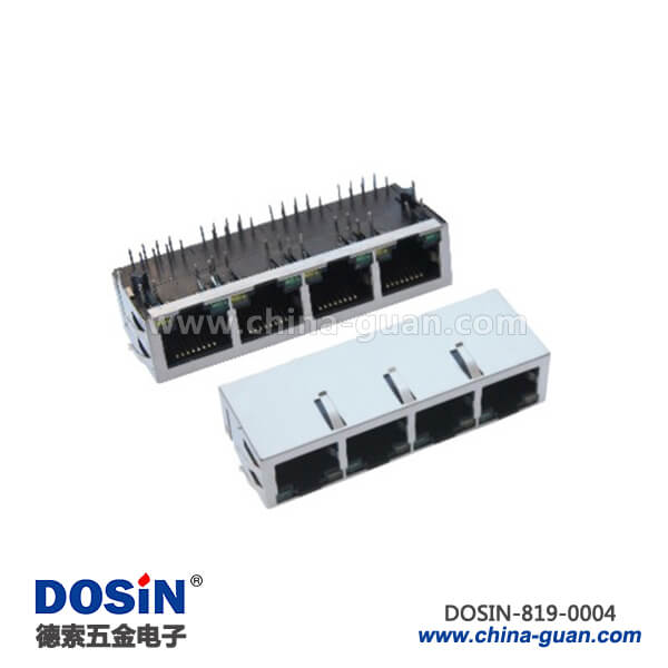 819-0004 四頭rj45連接器屏蔽帶led燈emi彈片pcb板端