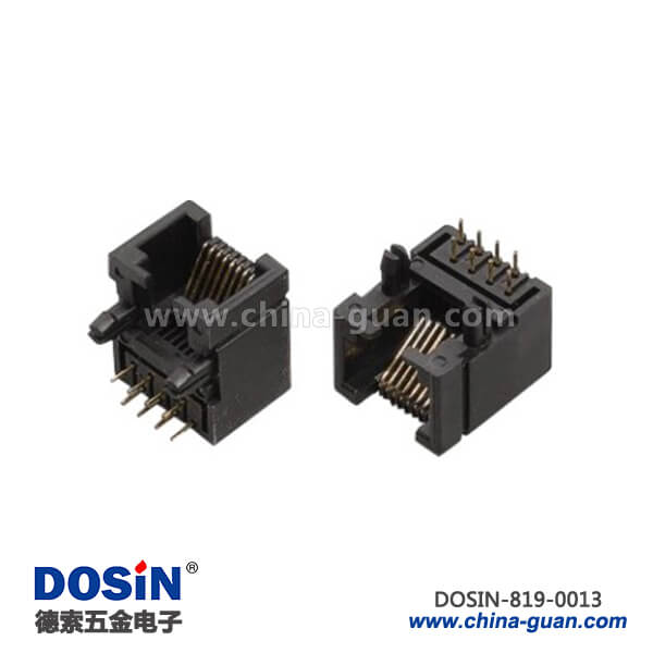 819-0013 90度插件RJ45網絡接口8P8C非屏蔽全塑開口朝下帶定位柱