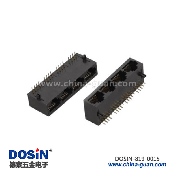 819-0015 RJ45全塑8針X4連接器彎腳4端口