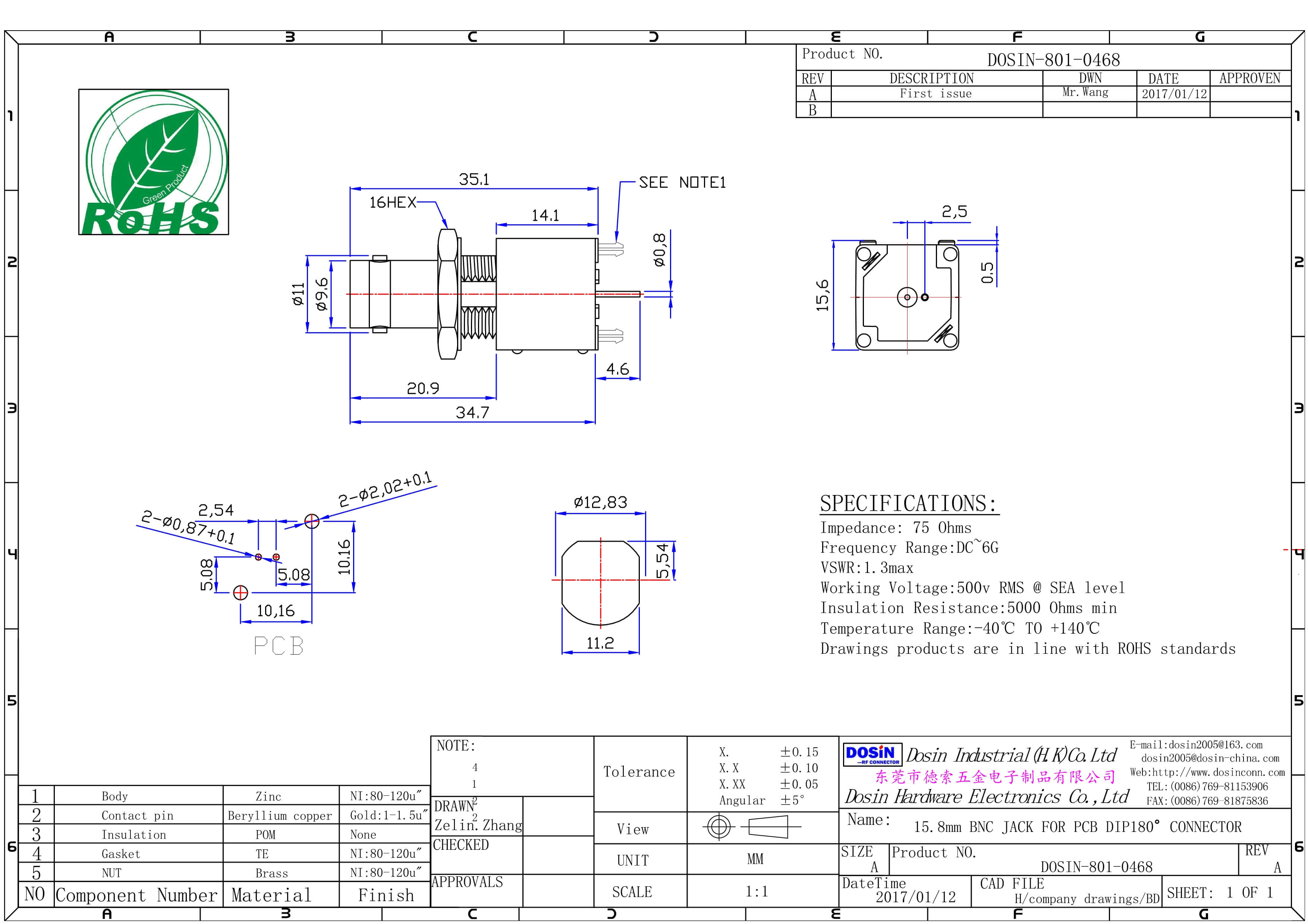 BNC直式射頻同軸75歐鍍鎳面板安裝連接器