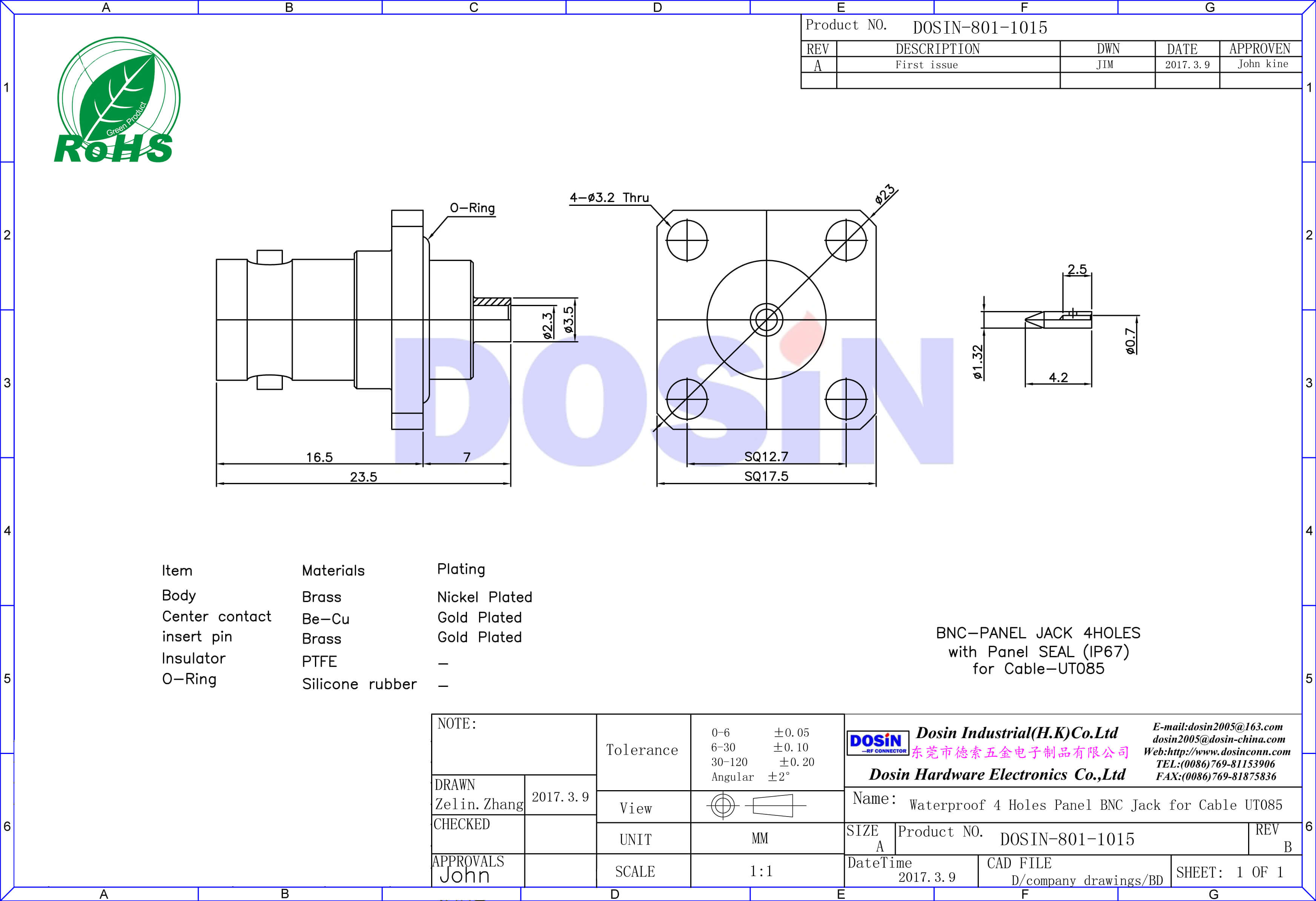 BNC4孔方形法蘭直式母頭鍍鋅防水同軸線纜連接器
