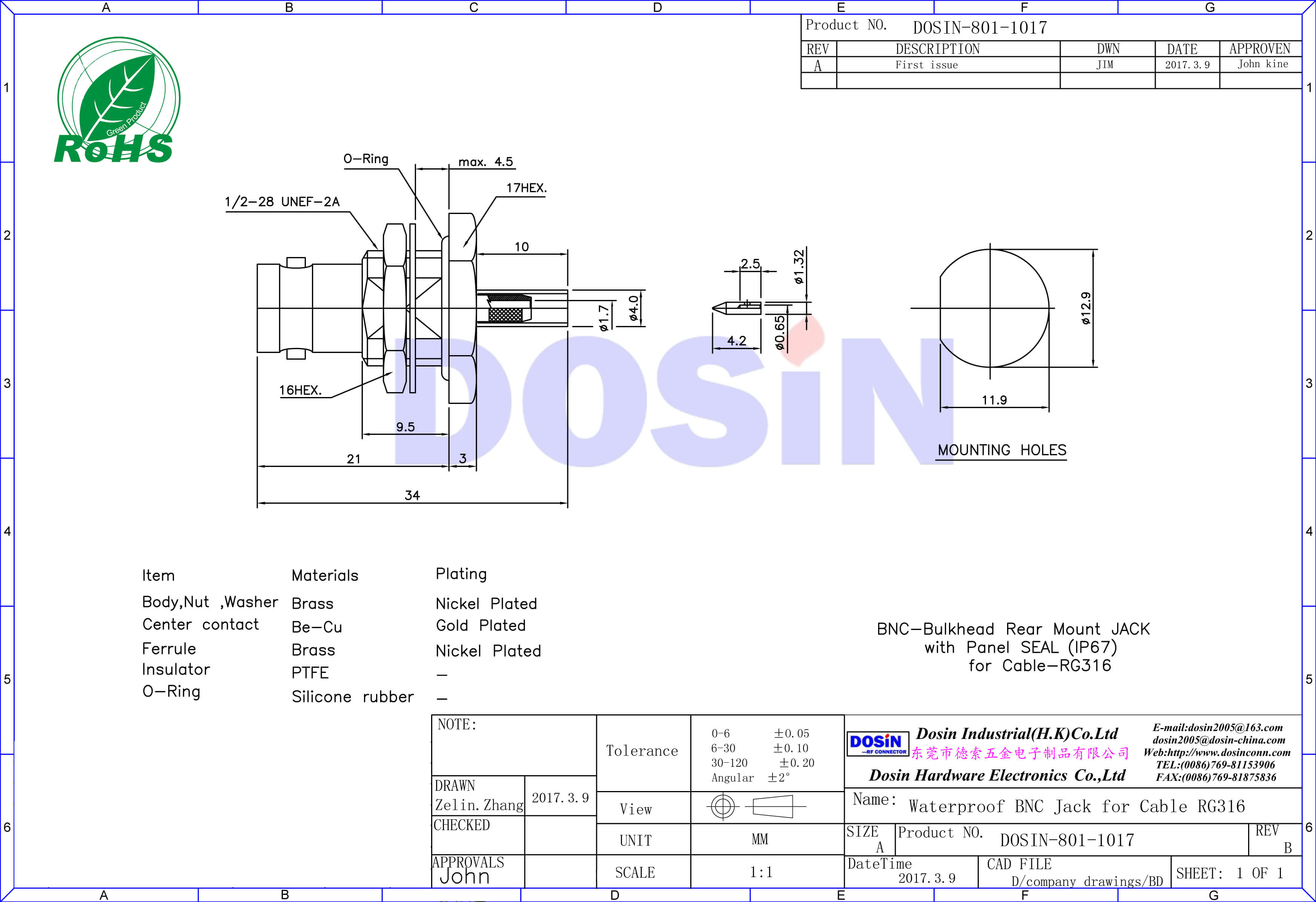 BNC穿墻母頭直式射頻同軸線纜連接器