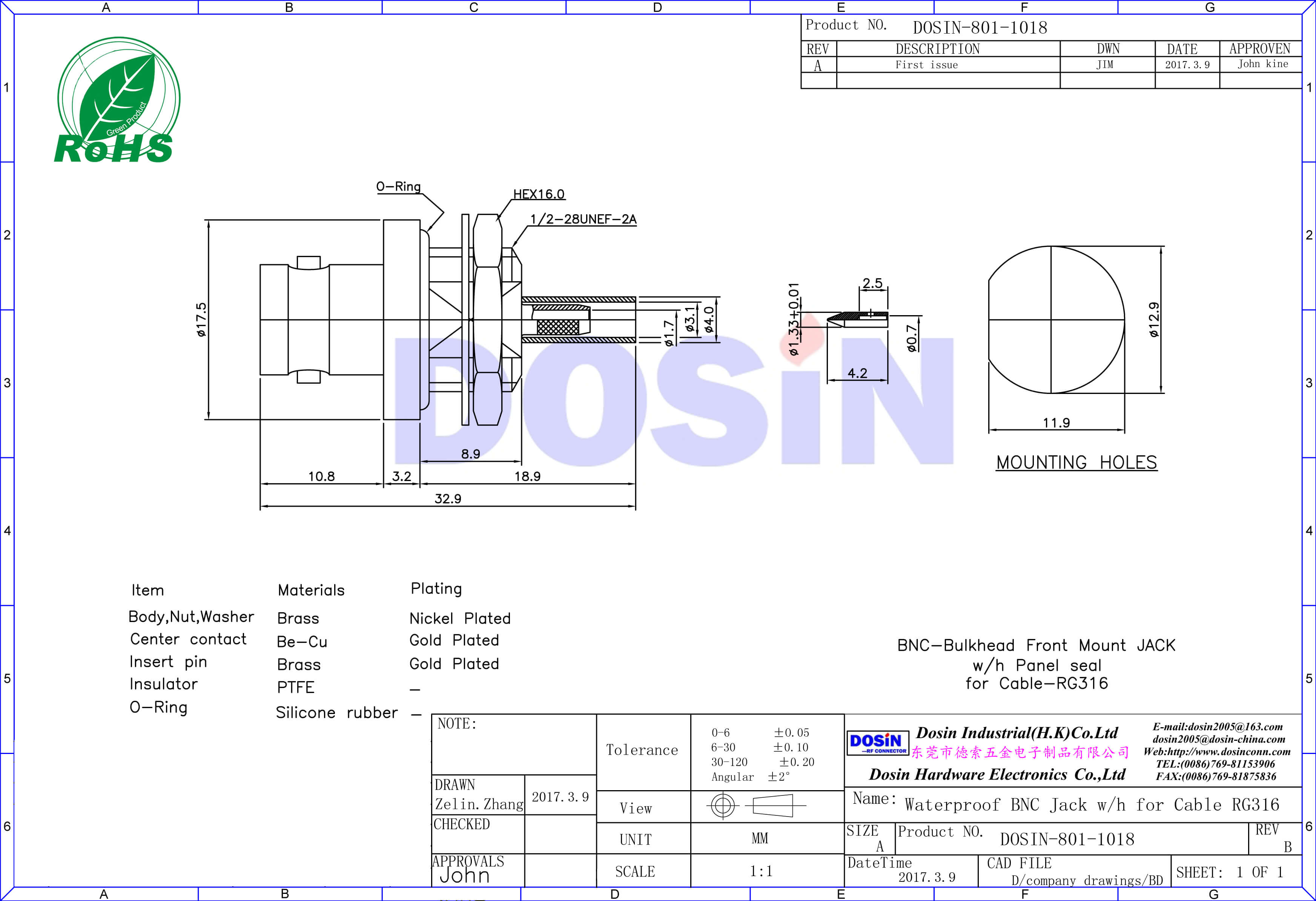 BNC直式穿墻母頭鋅合金同軸連接器線纜