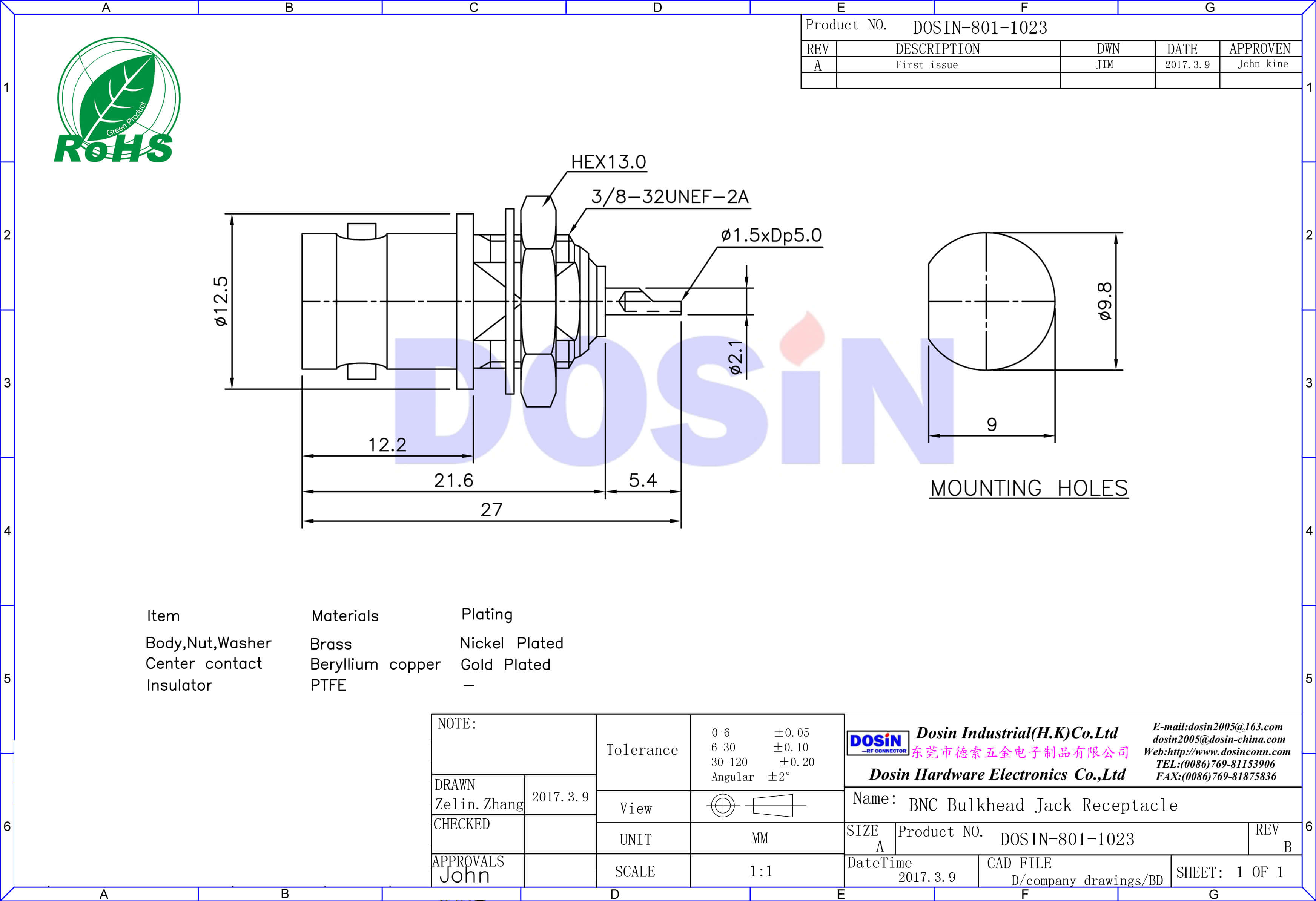 BNC穿墻母頭50歐姆鋅合金射頻同軸連接器