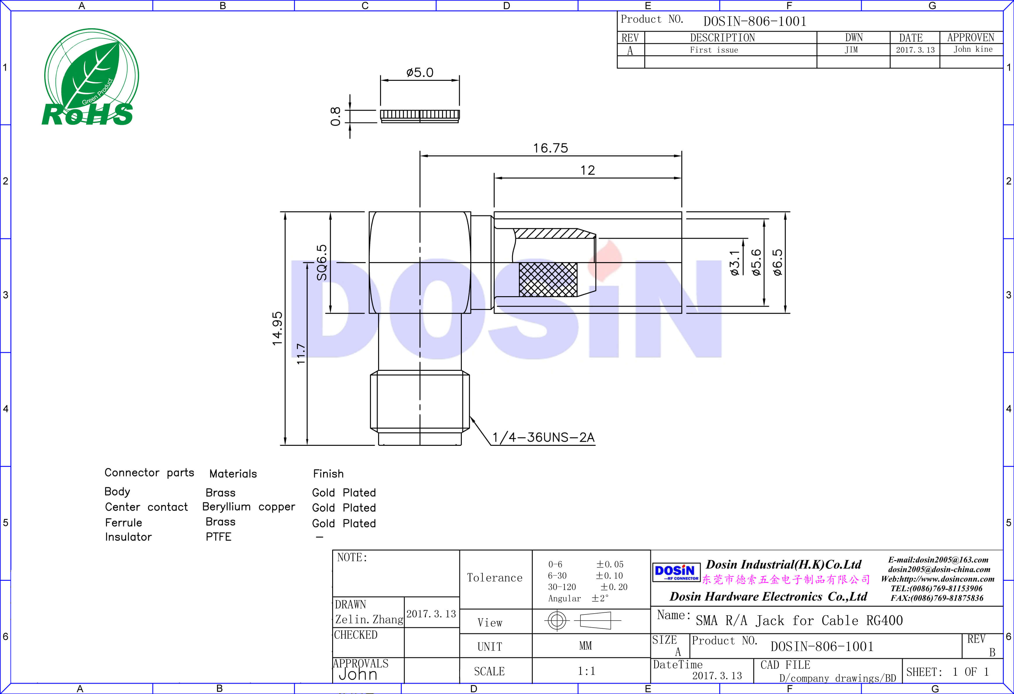 sma 連接器母頭彎式壓接同軸線纜 RG400