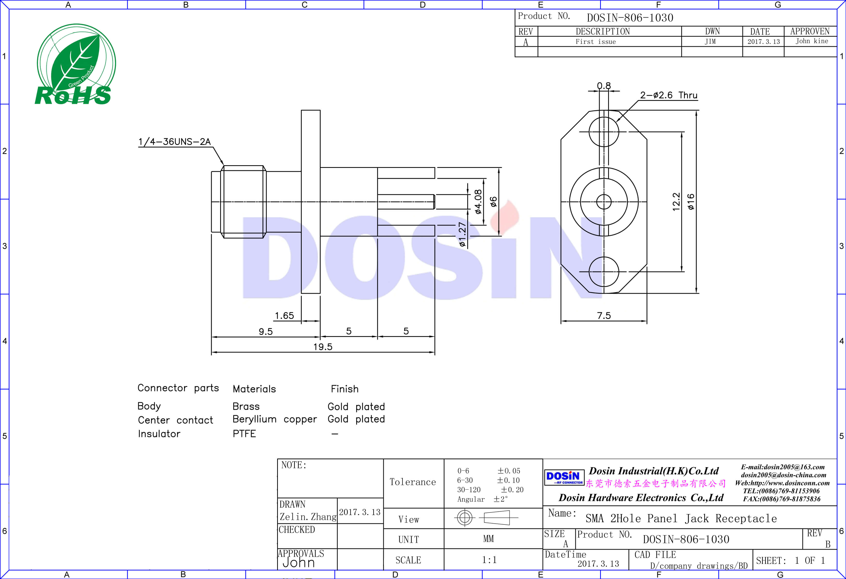 sma母頭直式鍍金法蘭盤2孔連接器面板安裝
