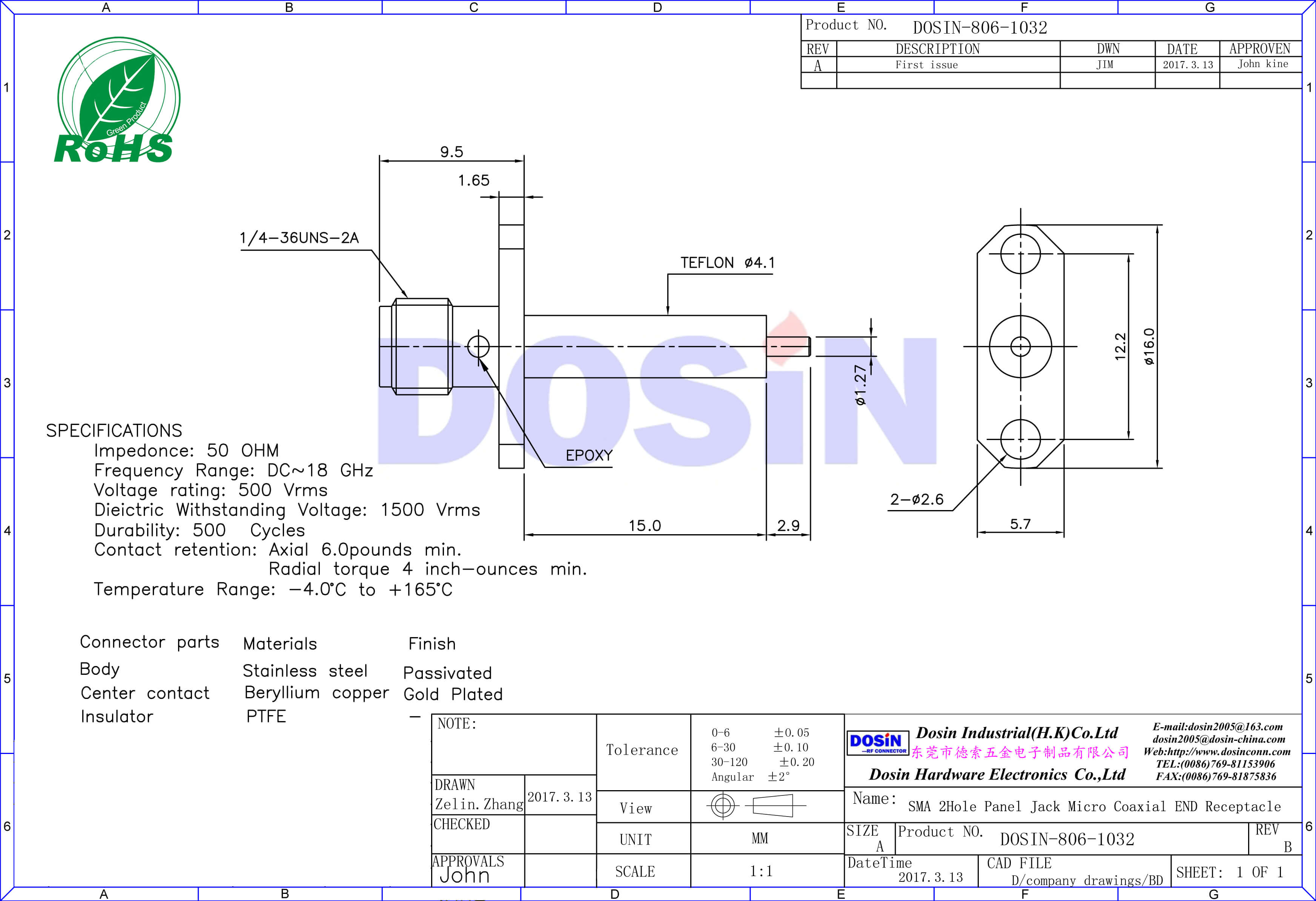 SMA連接器母頭射頻同軸 直式2孔法蘭盤延長(zhǎng)鐵氟龍面板安裝