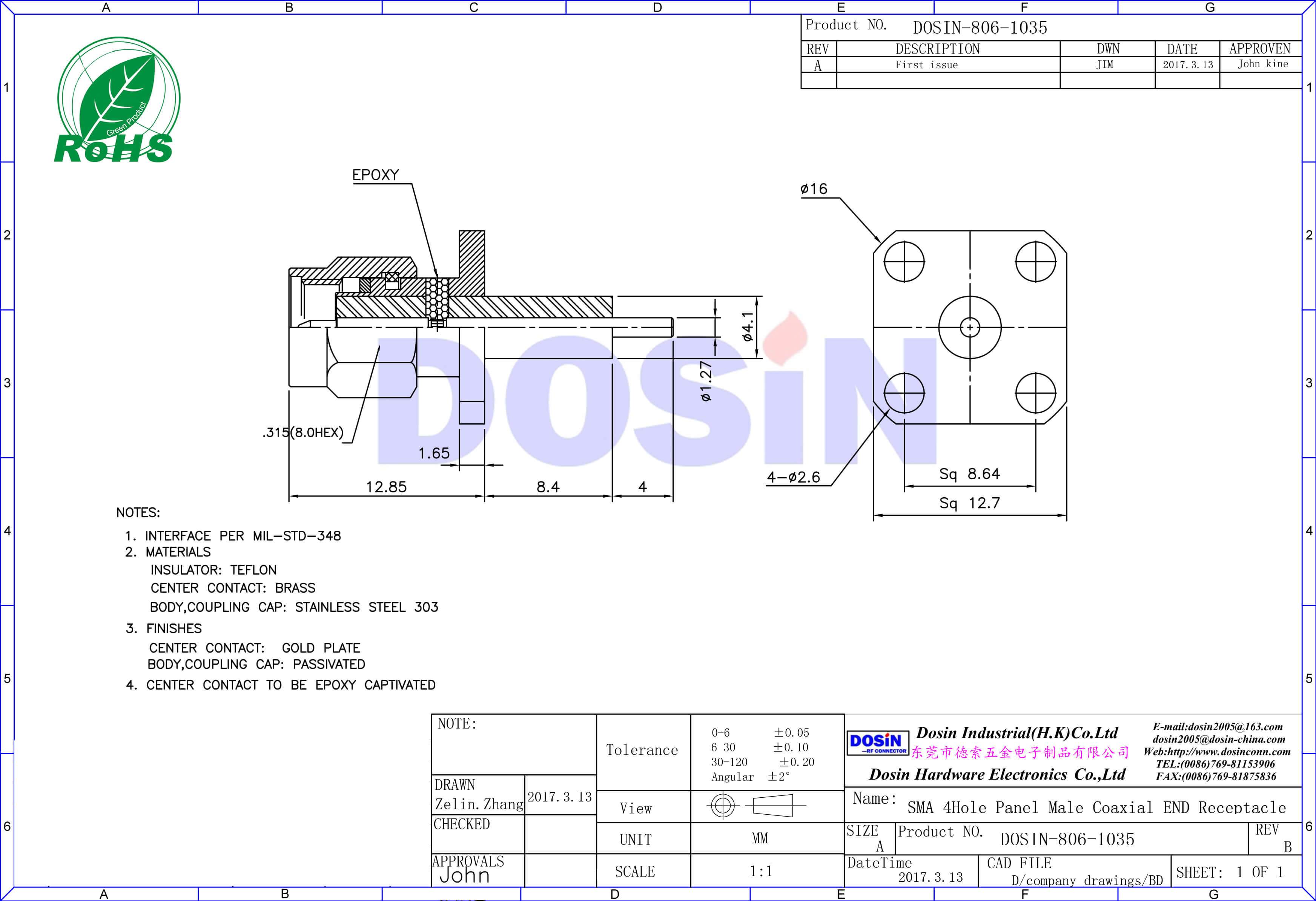 SMA 射頻連接器4孔法蘭盤公頭樹脂灌膠延長鐵氟龍面板安裝