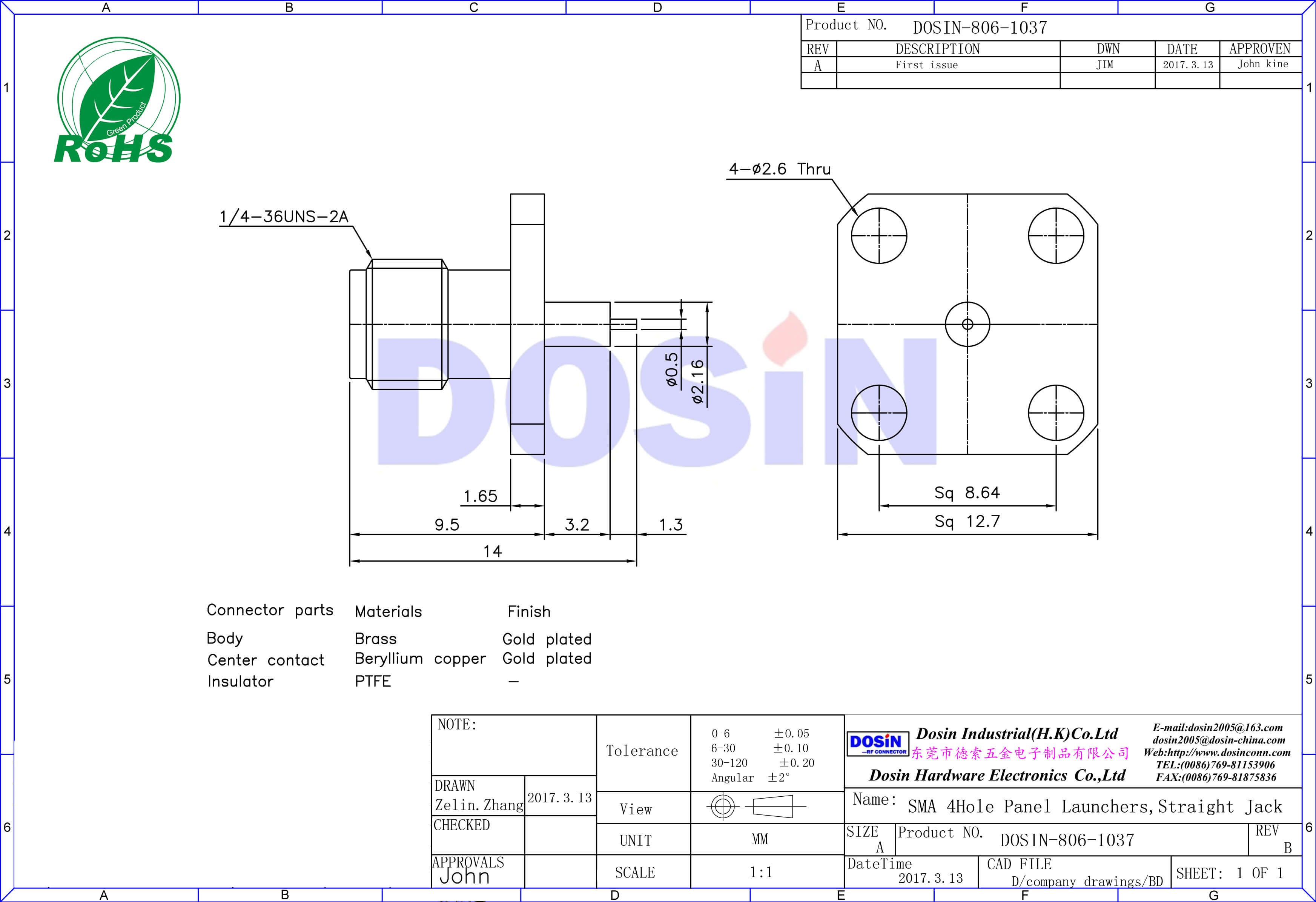 SMA鐵氟龍法蘭盤4孔直式母頭面板安裝音視頻連接器