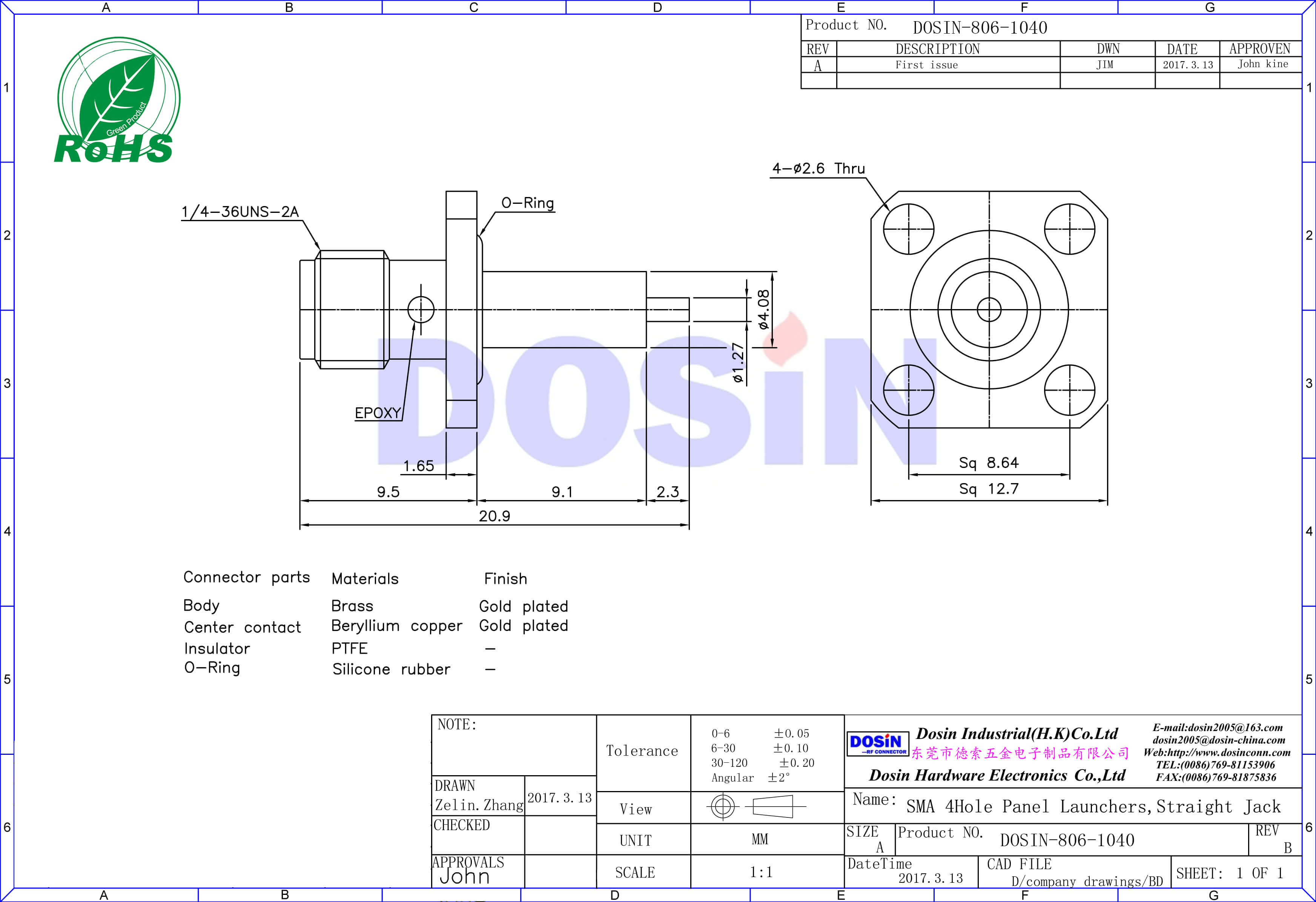 SMA連接器直式母頭延長鐵氟龍法蘭盤4孔面板安裝同軸視頻