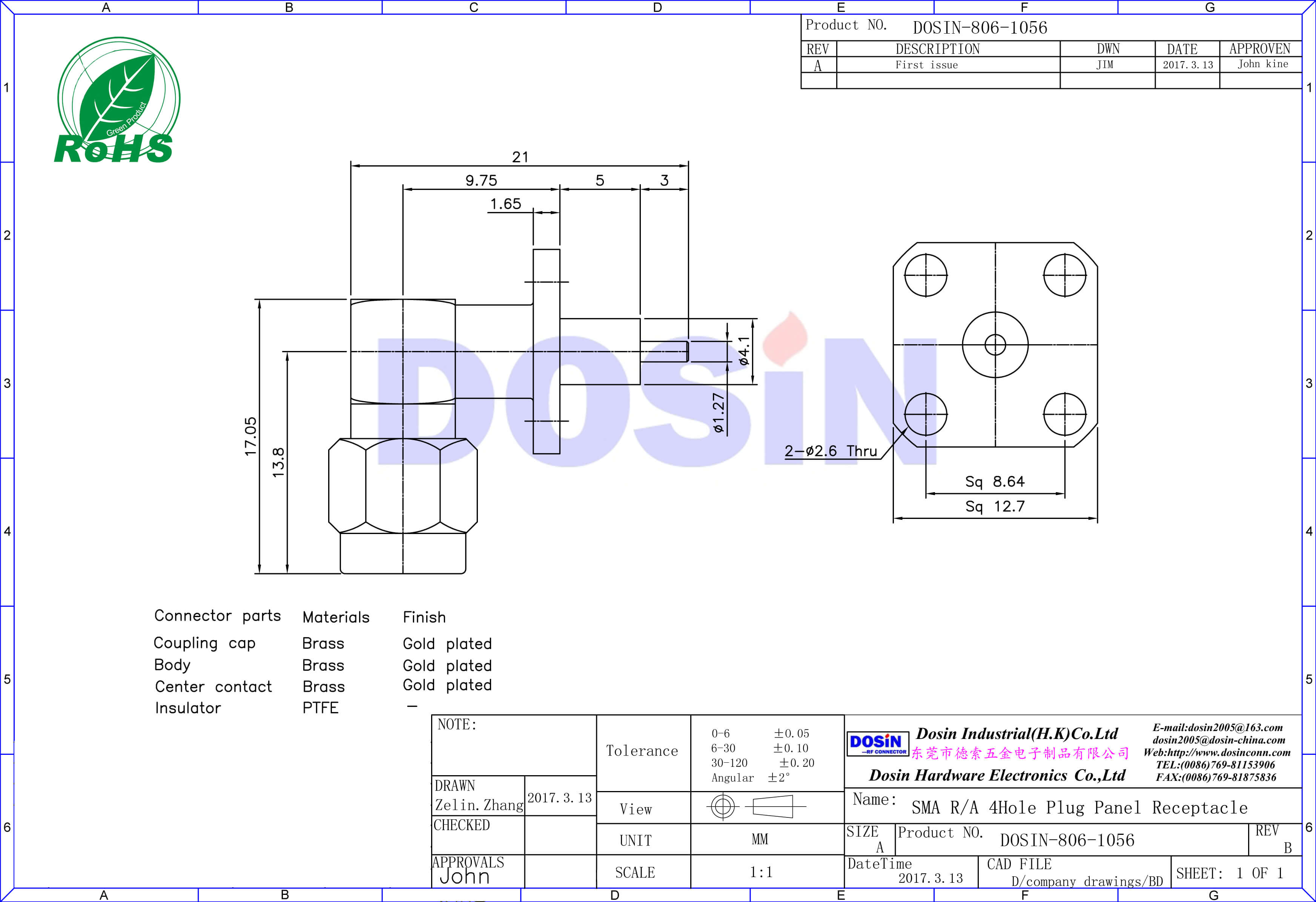 SMA彎式公頭板端電視連接器4孔方形法蘭盤面板安裝