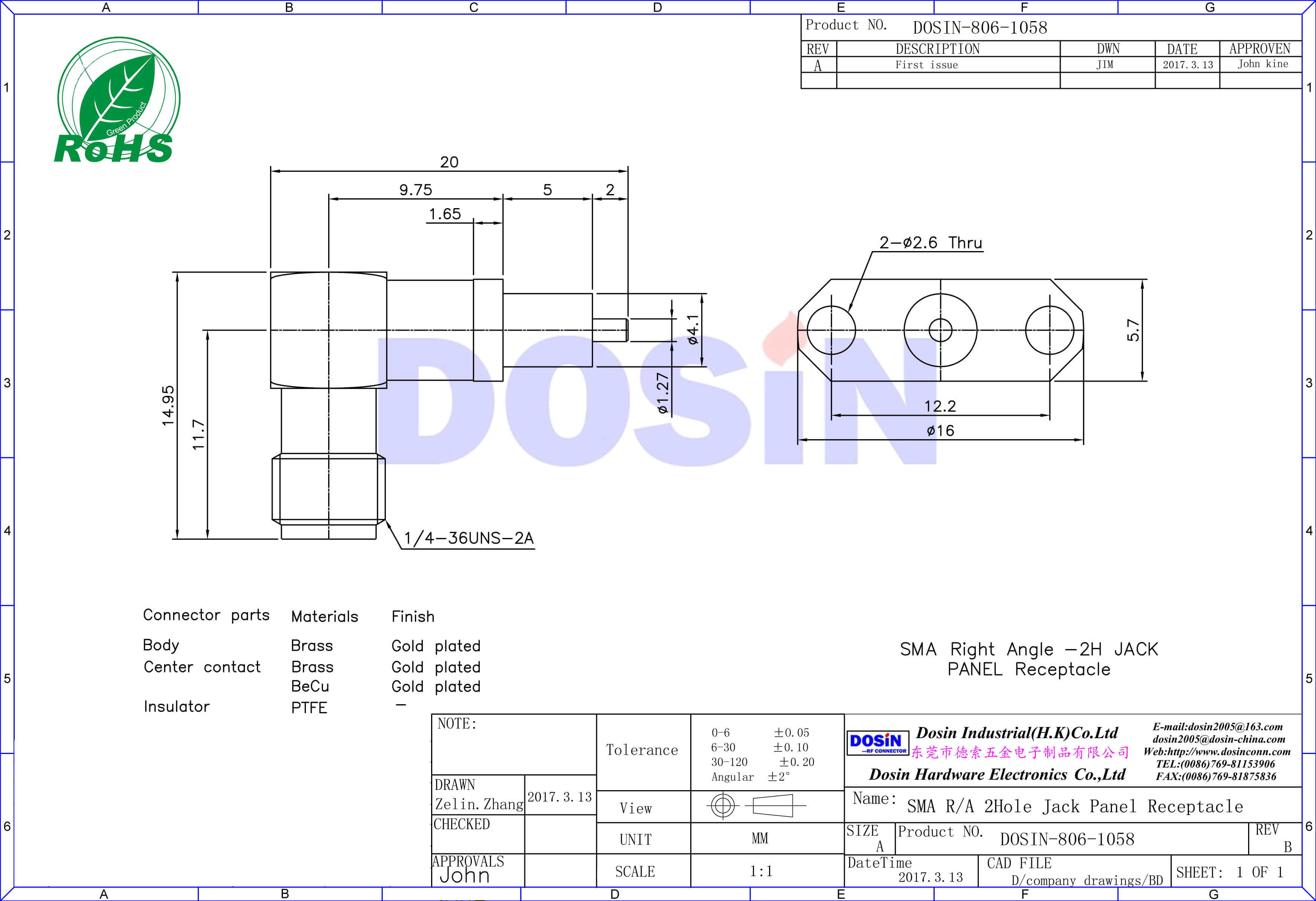 SMA2孔法蘭彎式母頭鐵氟龍射頻同軸連接器