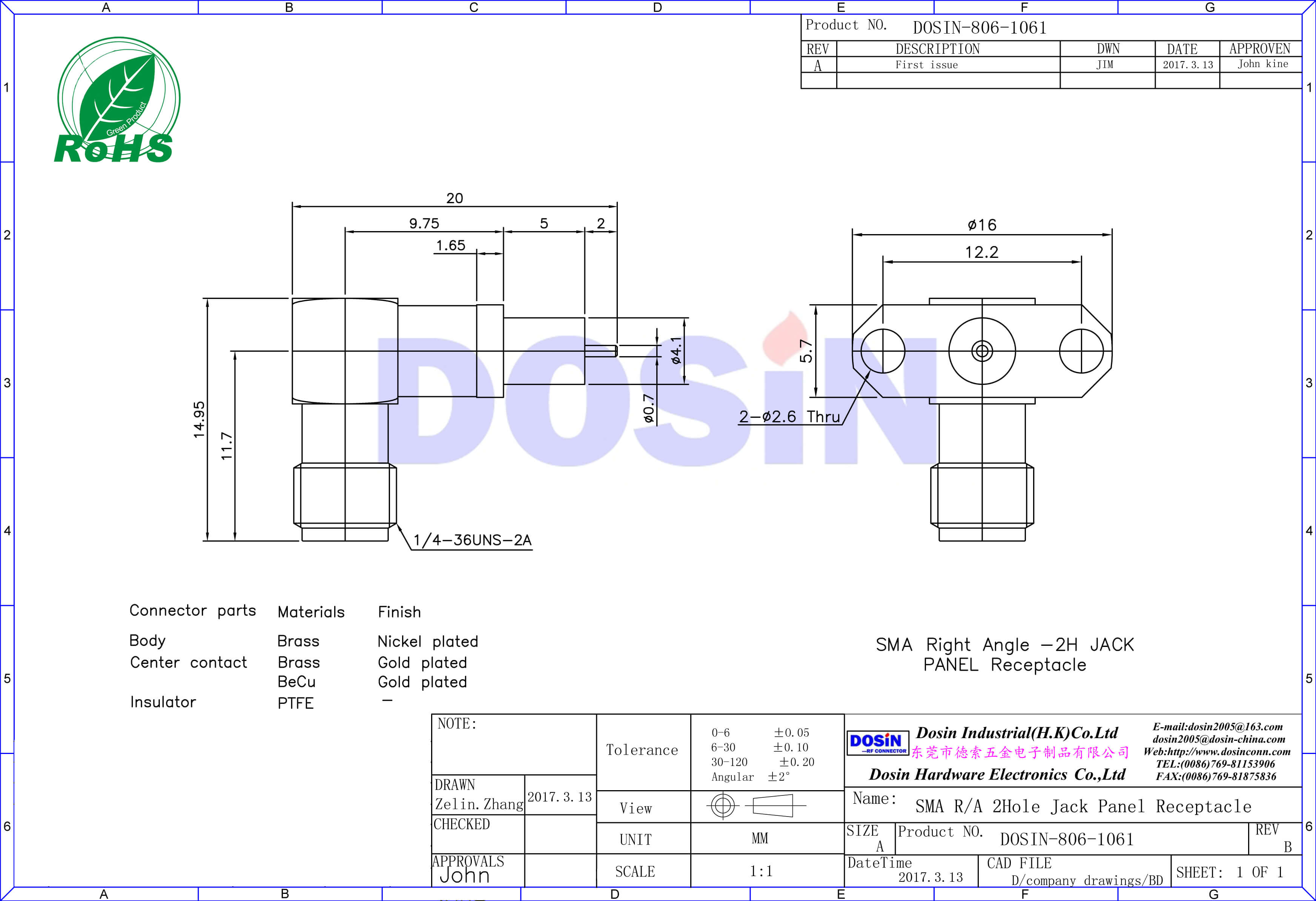SMA母頭連接器2孔法蘭彎頭不銹鋼帶延長鐵氟龍插頭