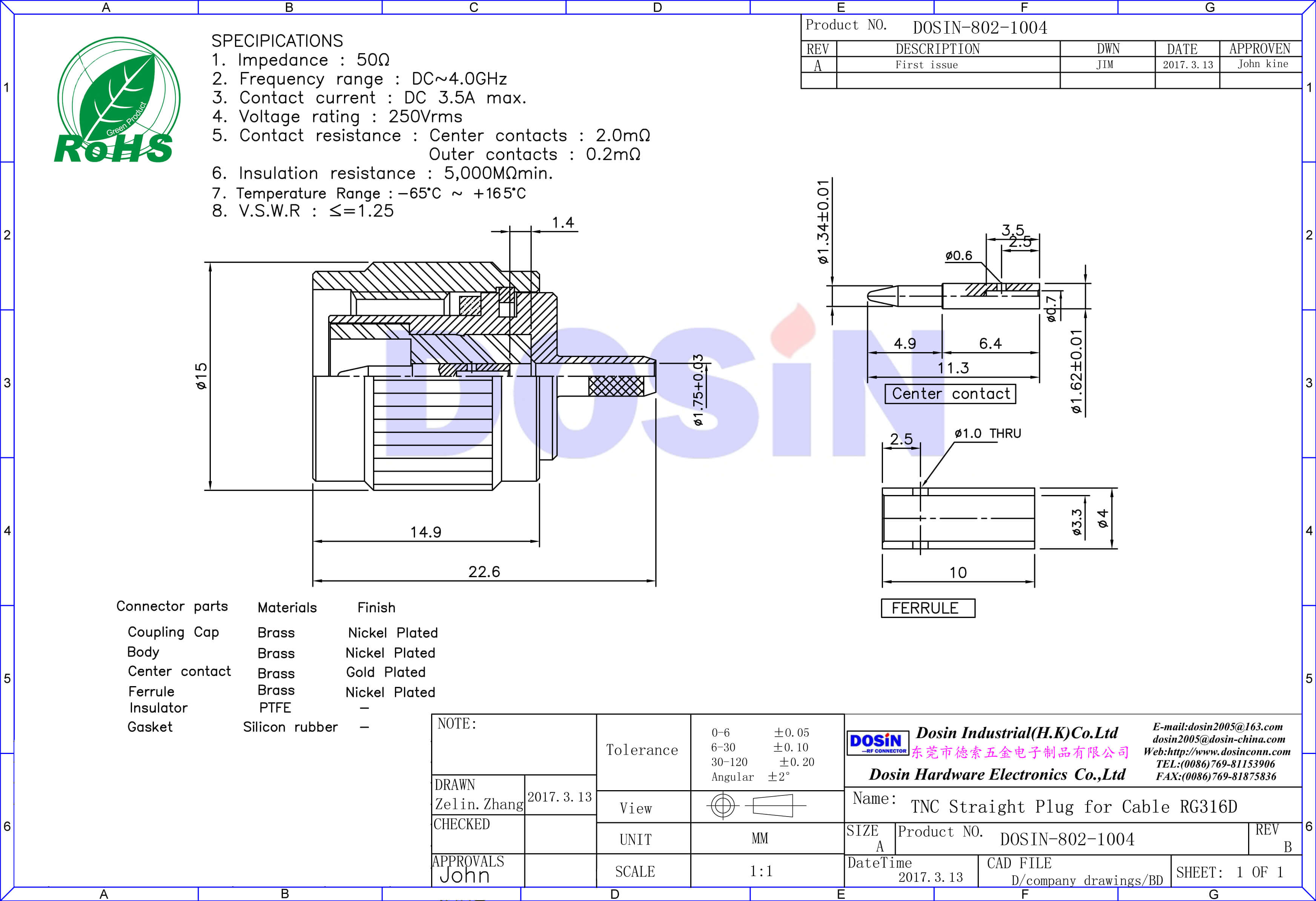 tnc公頭接線RG316D直式壓接RF射頻同軸連接器