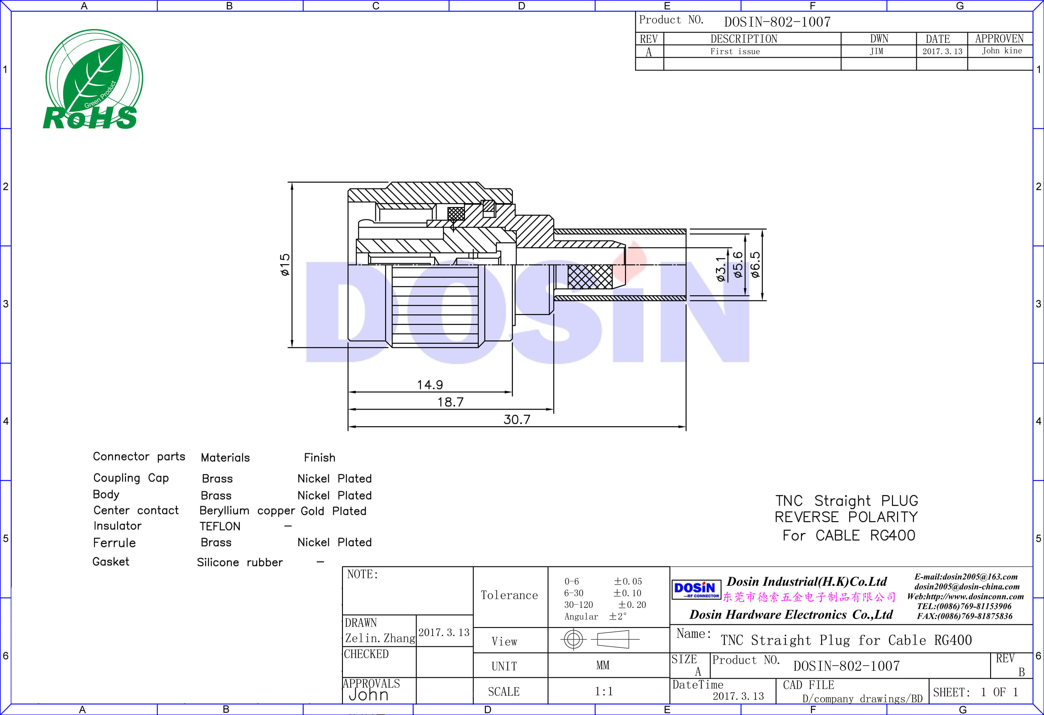tnc連接器RG400反極直式壓接插頭同軸線纜
