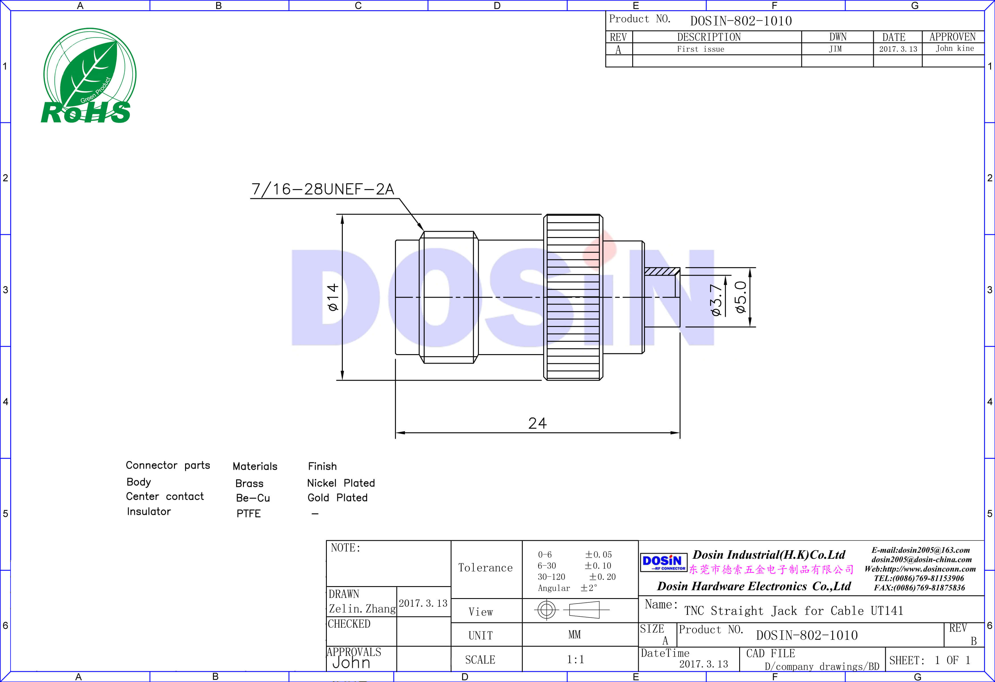 tnc型連接器直式母頭焊接接線UT141同軸線纜
