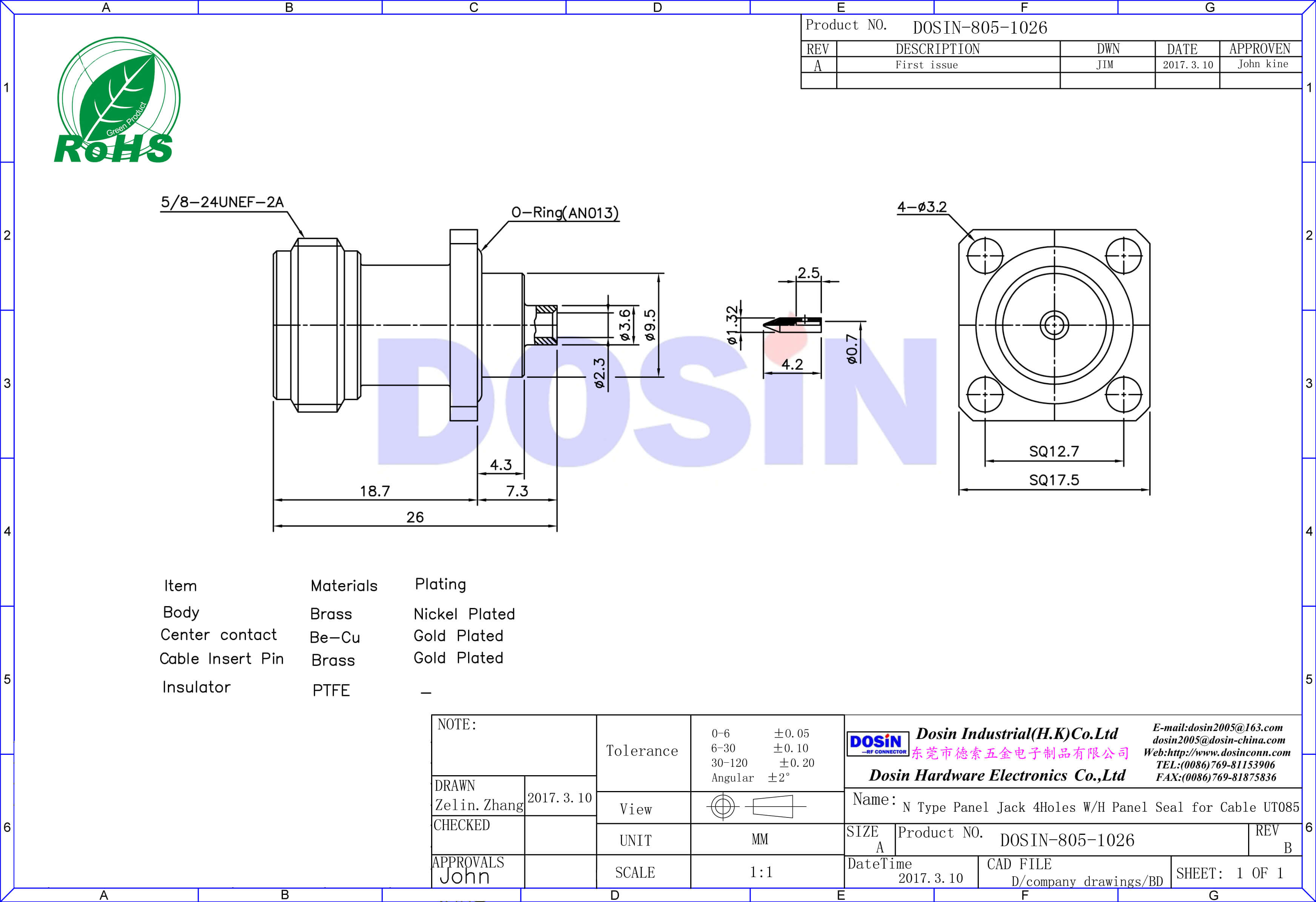 n頭母頭UT085法蘭盤4孔面板安裝有線電視電纜