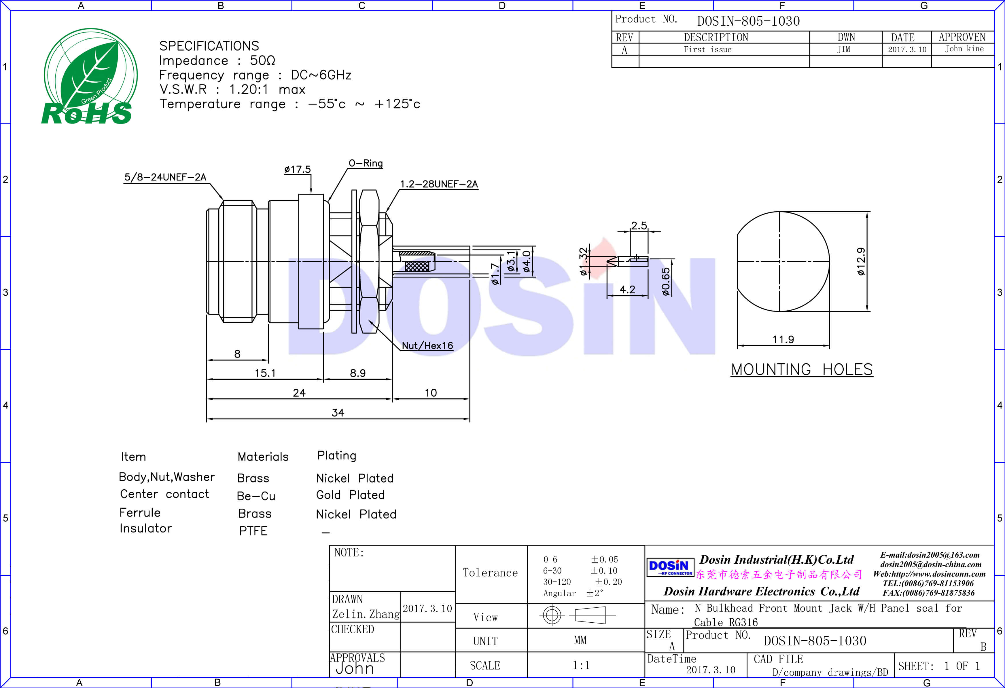 N頭母頭直式穿墻防水 接同軸電纜RG316