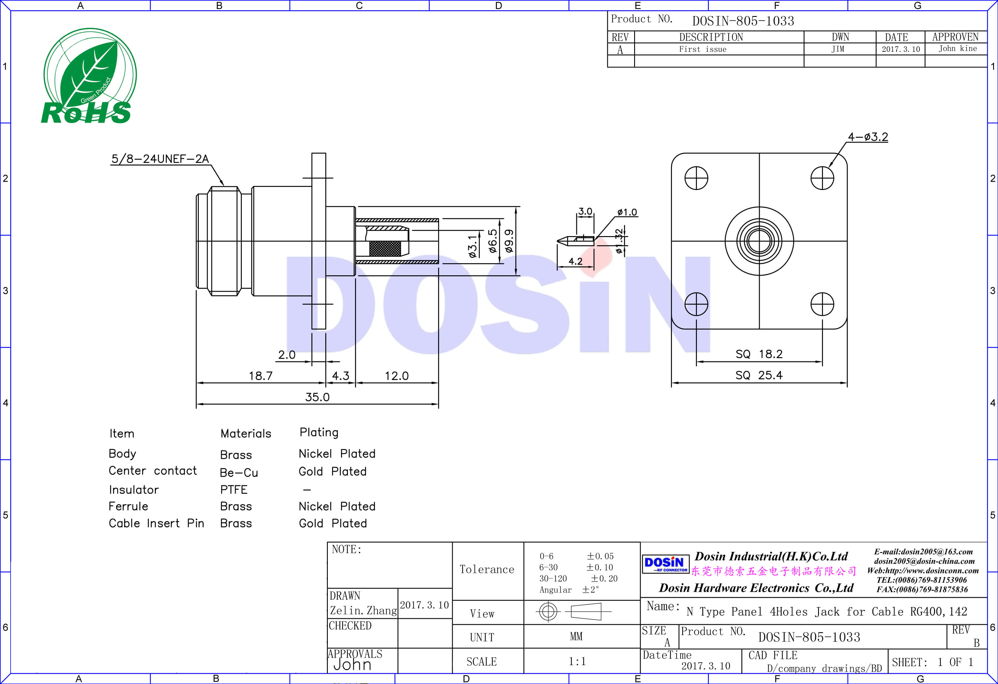 n型母頭4孔法蘭盤連接射頻同軸線纜RG400,142