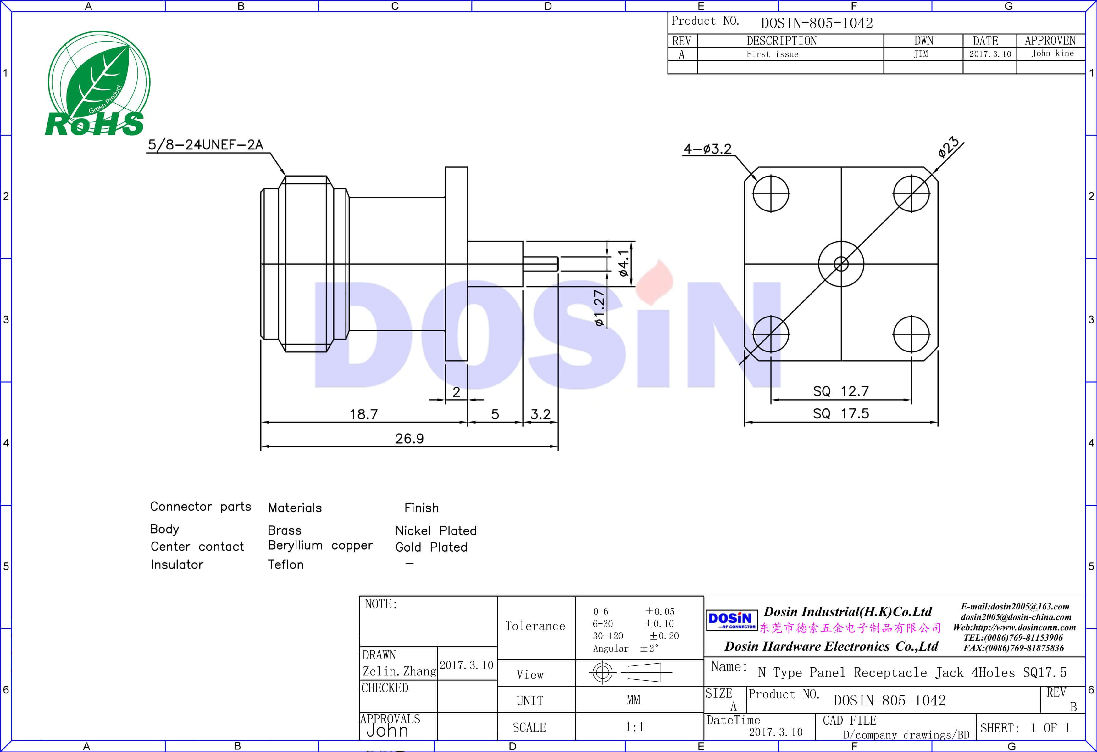 n接頭射頻同軸連接器母頭直式4孔法蘭盤