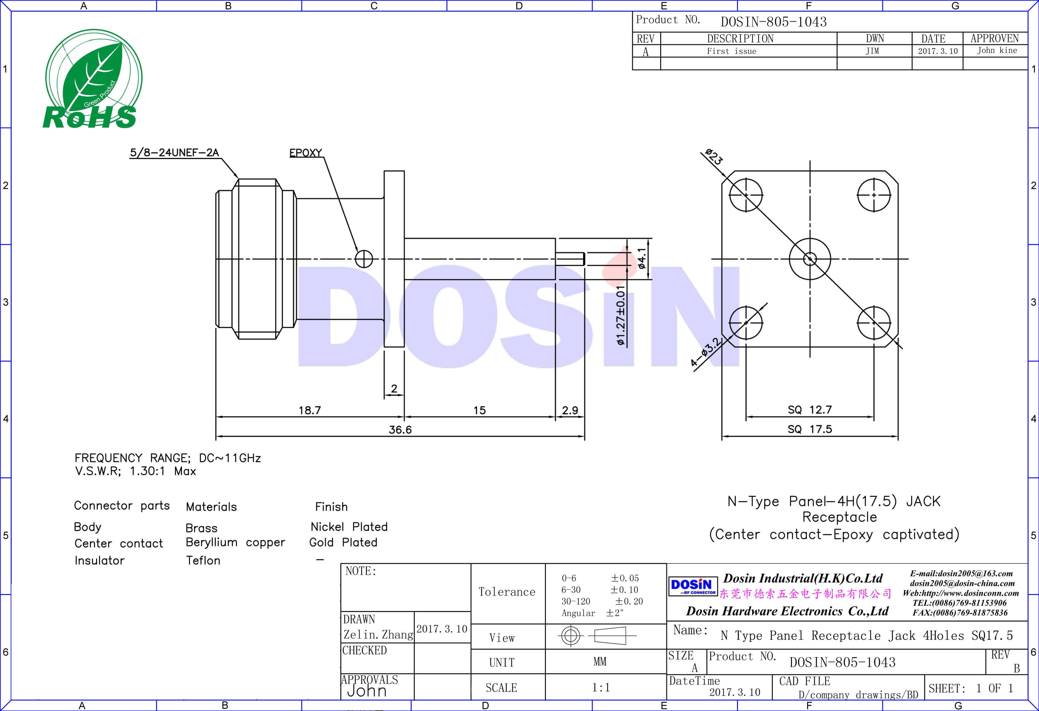 n型射頻同軸連接器樹脂灌膠直頭帶4孔方板法蘭接頭