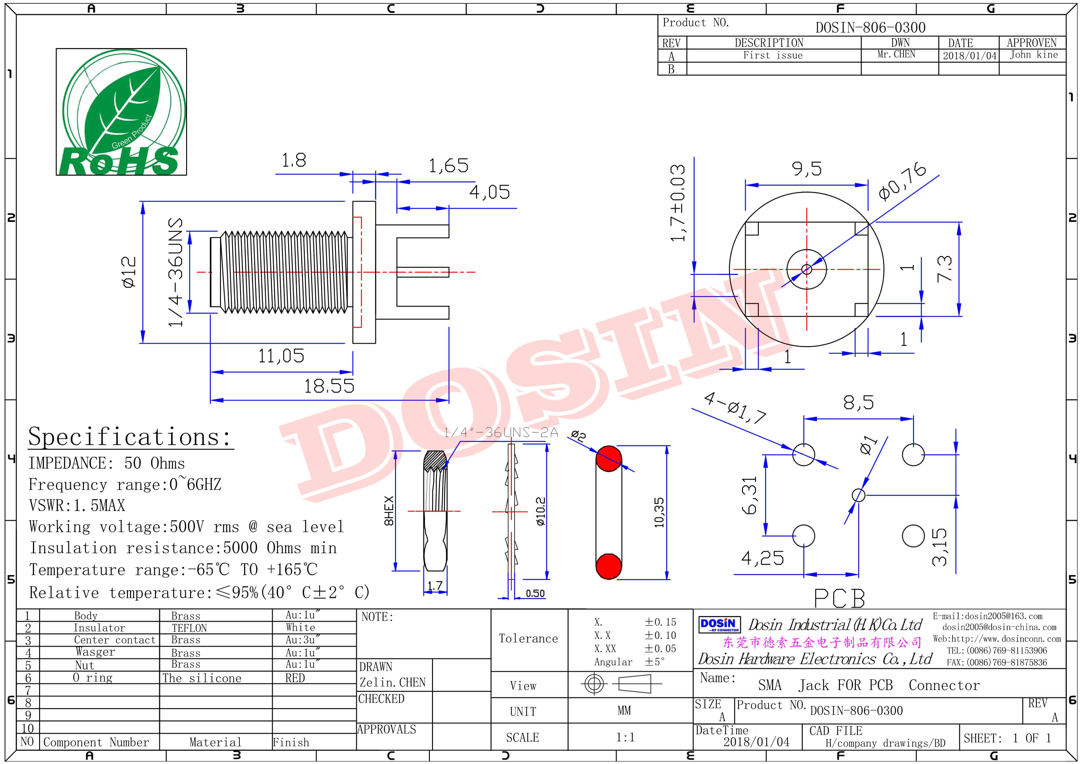 SMA連接器母頭直式插孔接PCB板防水接頭