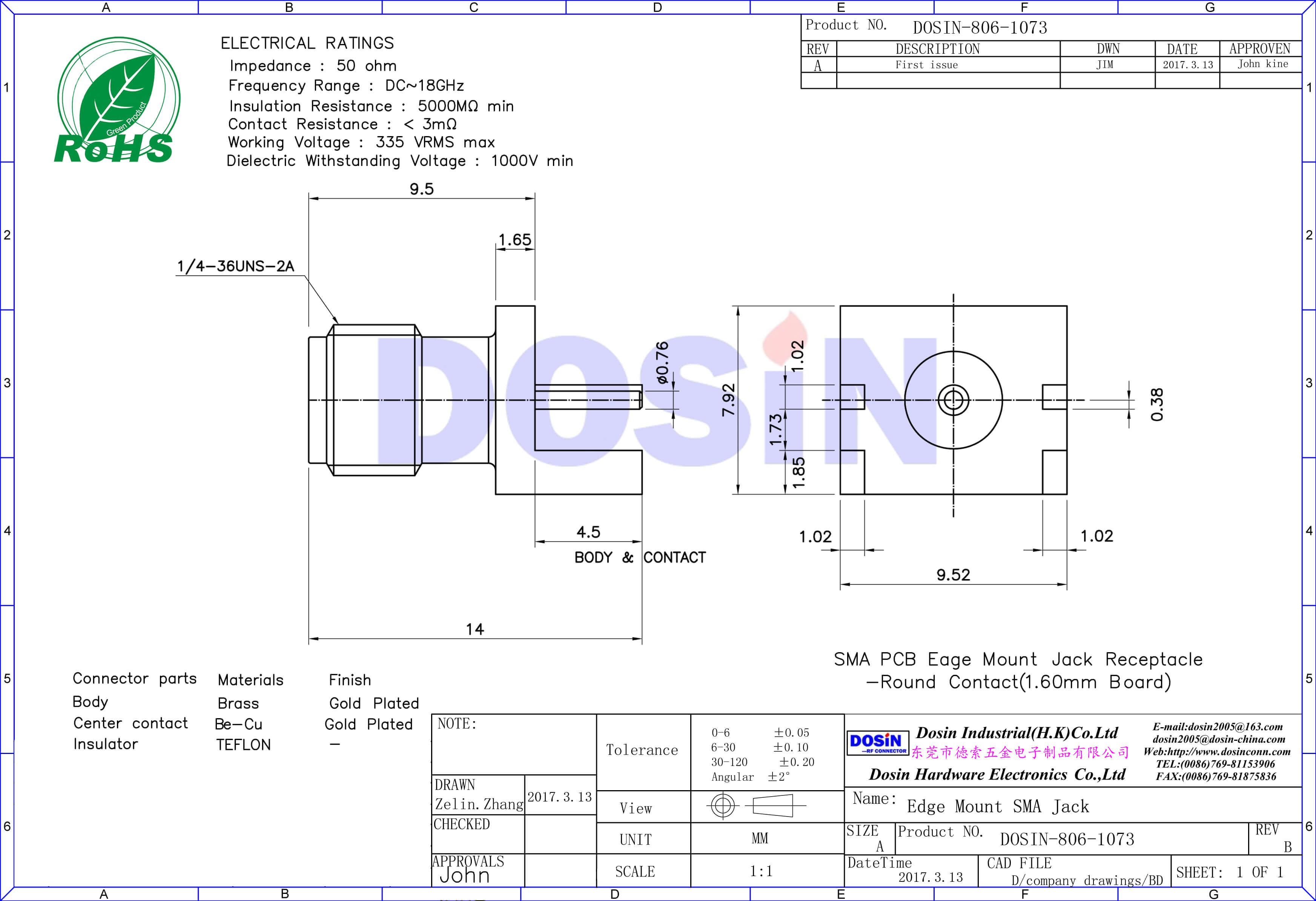 SMA卡板式母頭插座鍍金180度直式PCB插頭