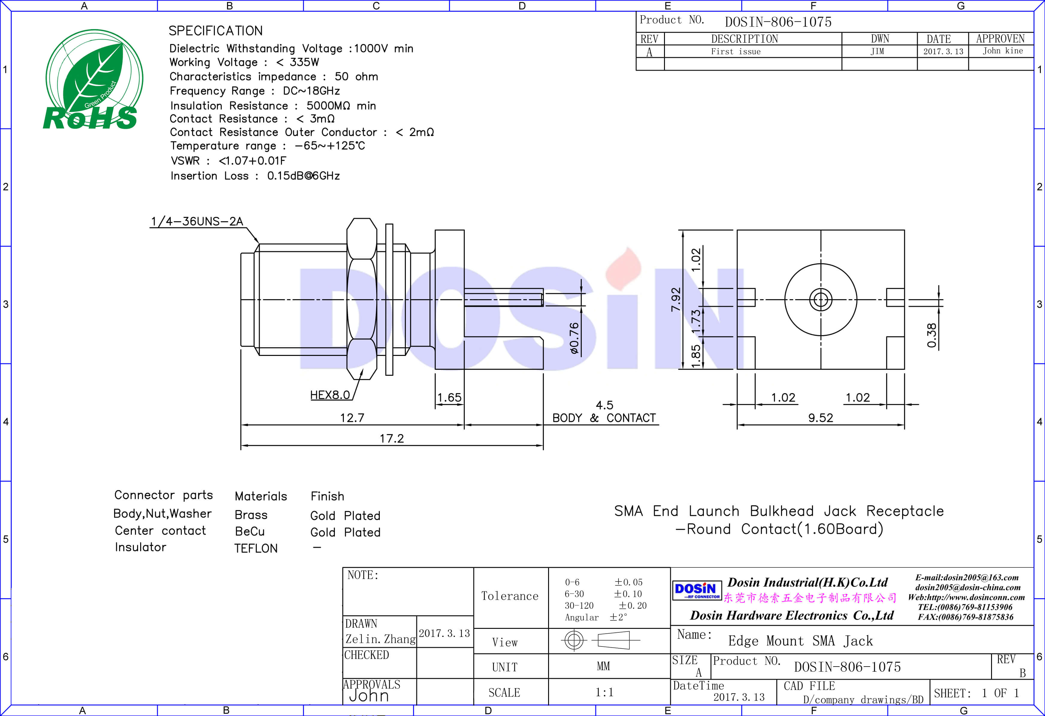 SMA鍍金母座前鎖穿墻式接1.60mm電路板直插 PCB卡板式