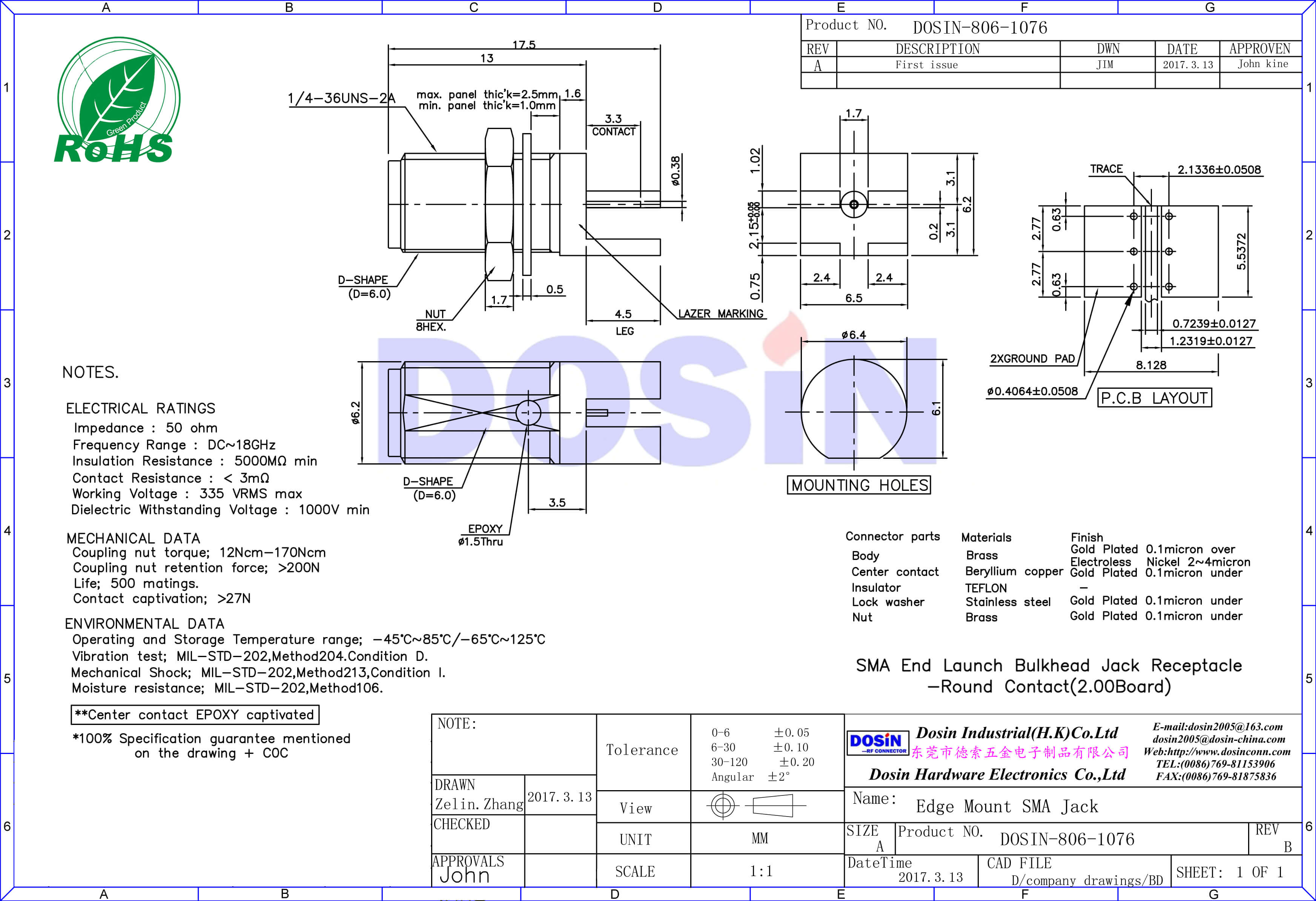 SMA母頭卡板直式前穿墻接2mm電路板樹脂灌膠PCB連接器