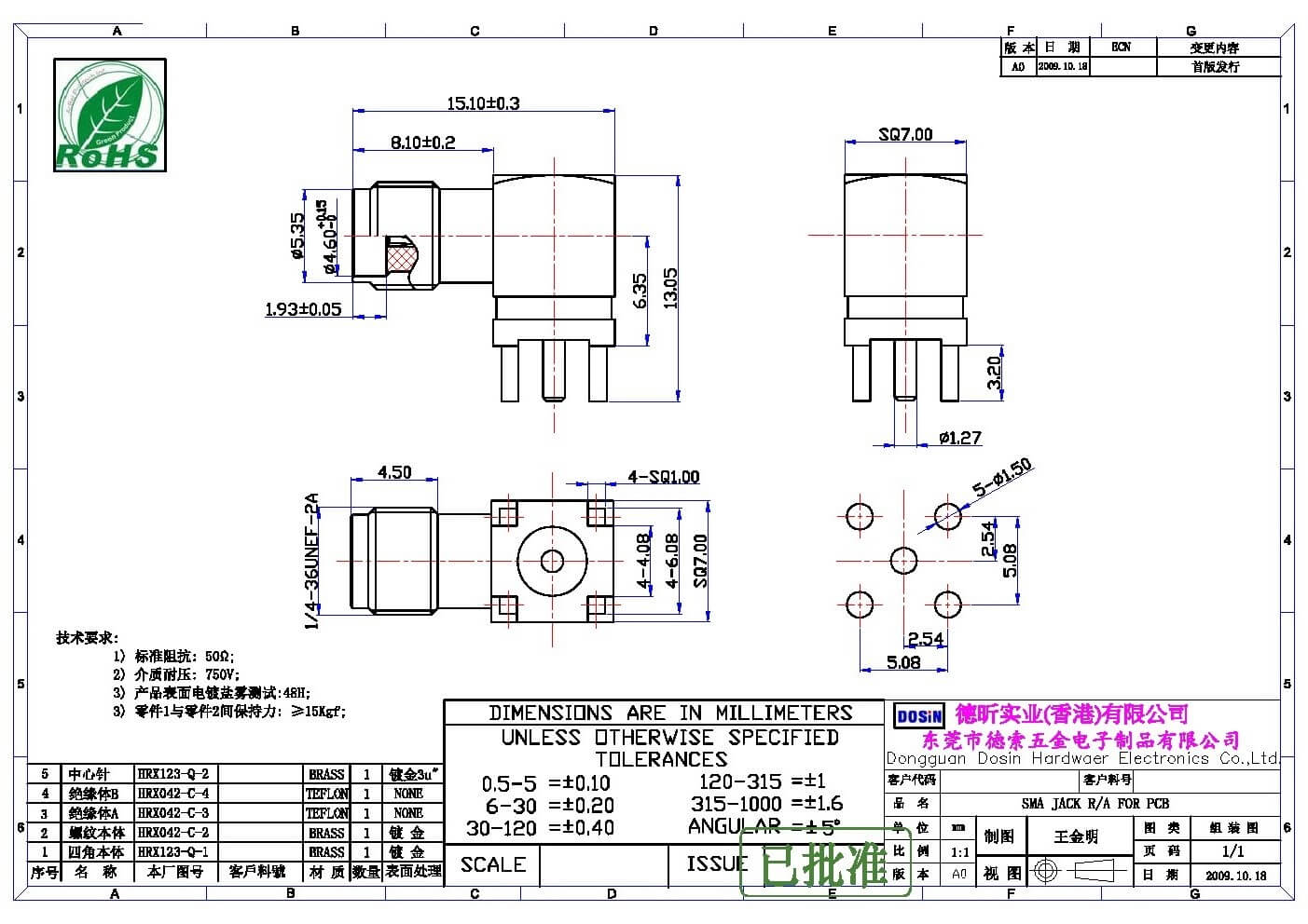 SMA母接頭90度板端PCB板穿孔式插座