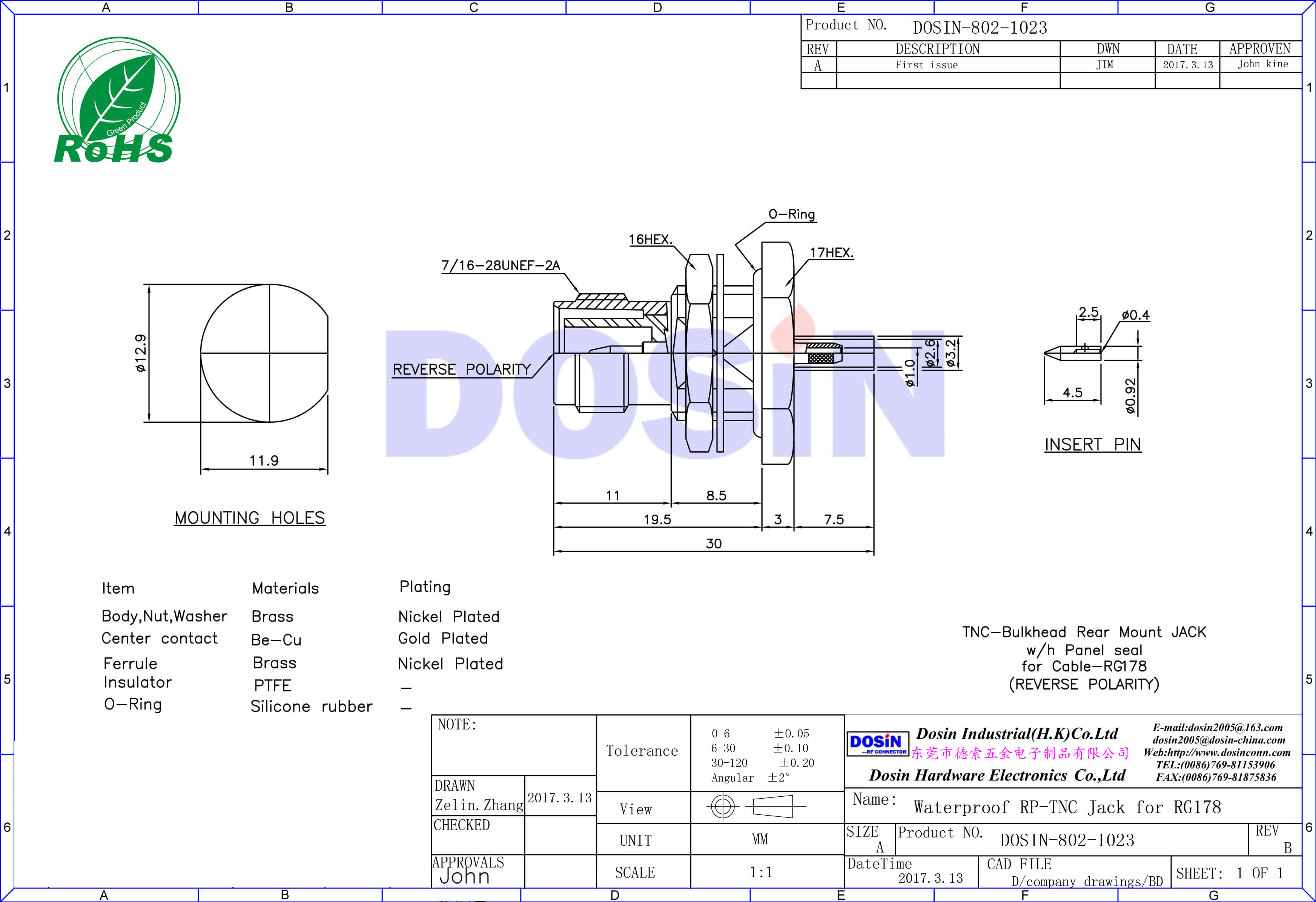 tnc反極連接器穿墻式母頭同軸線纜rg178