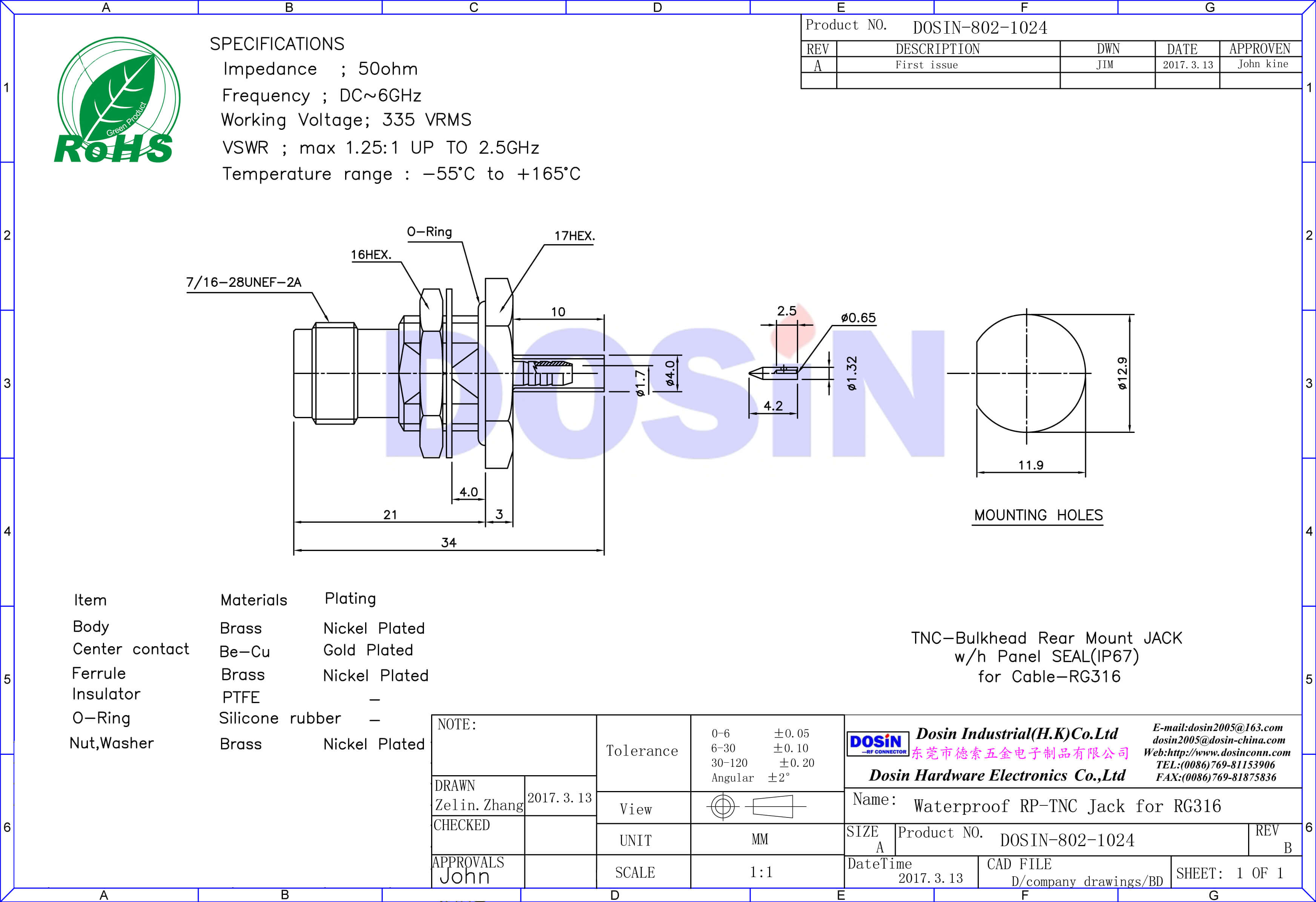 tnc射頻連接器直式焊接母頭接rg316同軸線纜面板安裝
