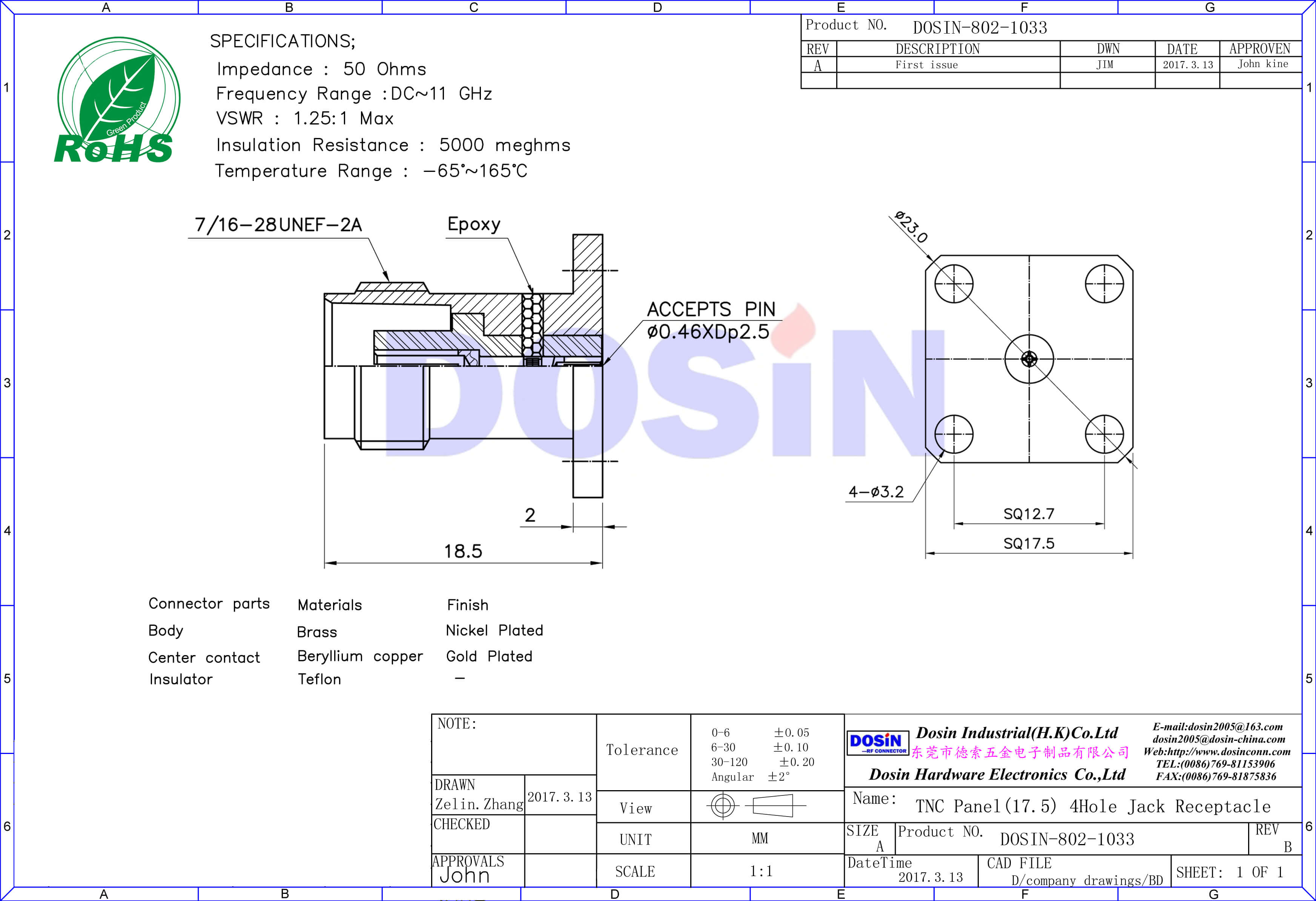 tnc4孔方形法蘭射頻同軸連接器面板視頻接頭母頭