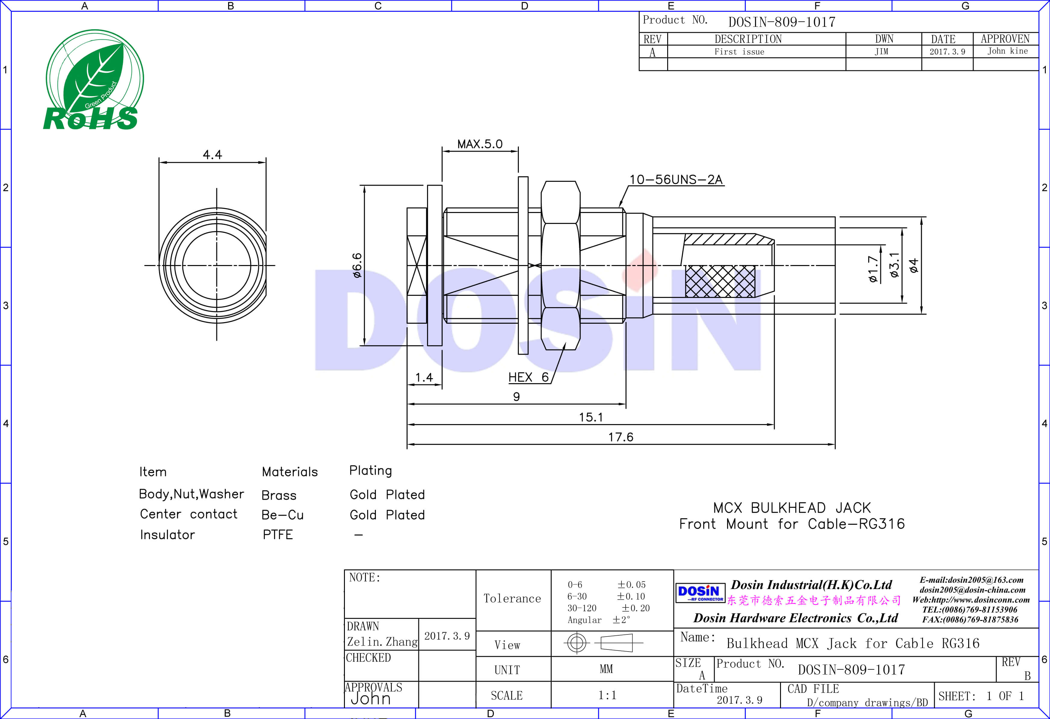 mcx連接器母頭直式穿墻式同軸電纜 接RG316