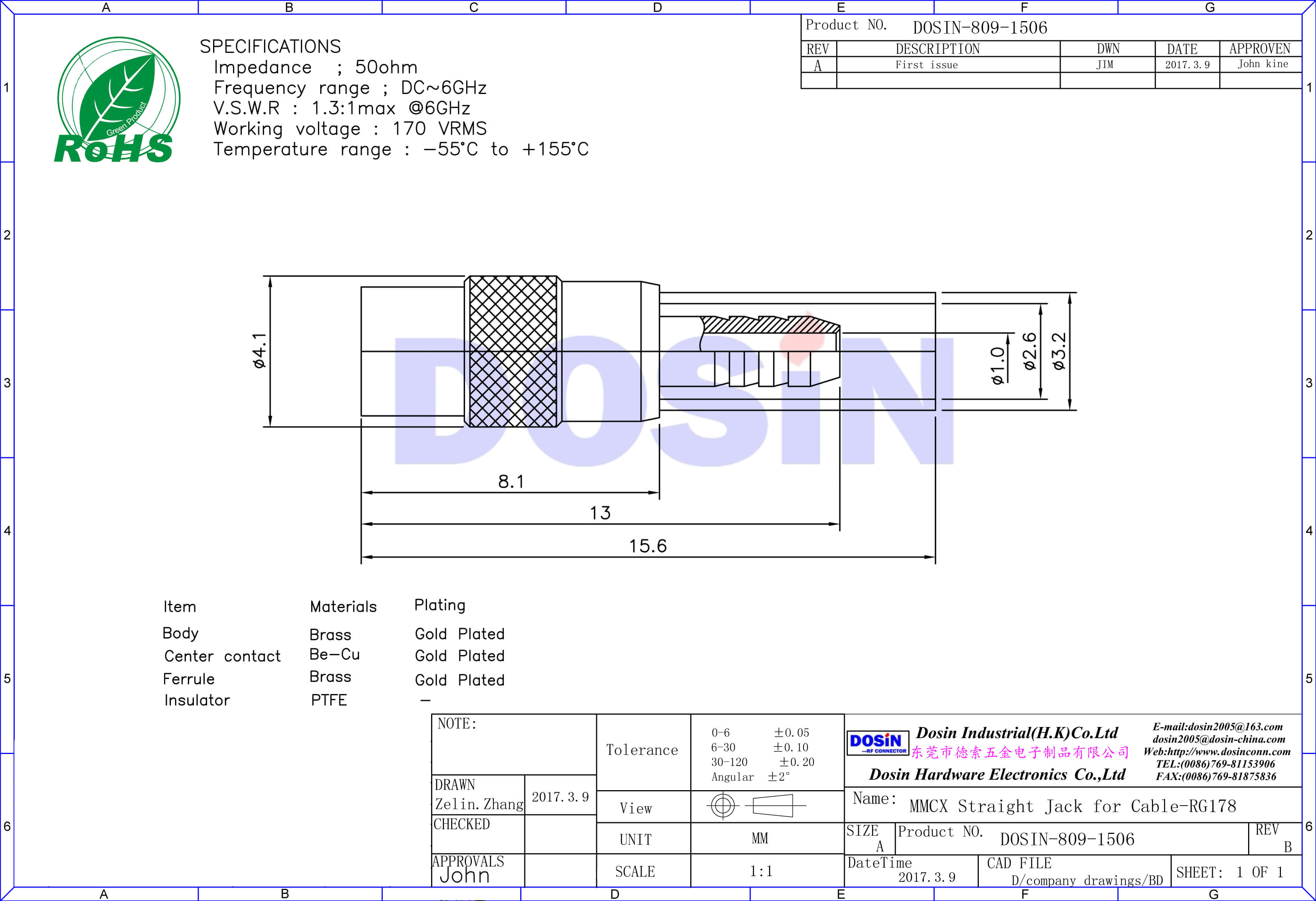 MMCX母頭直式壓接式連接器接線RG178同軸線纜接頭