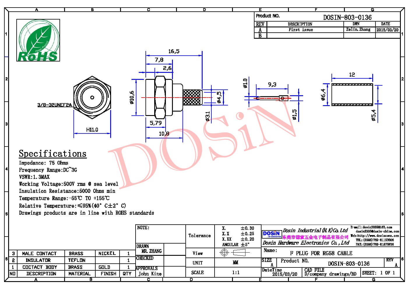 英制F公頭公針接RG58直式同軸線纜壓接式