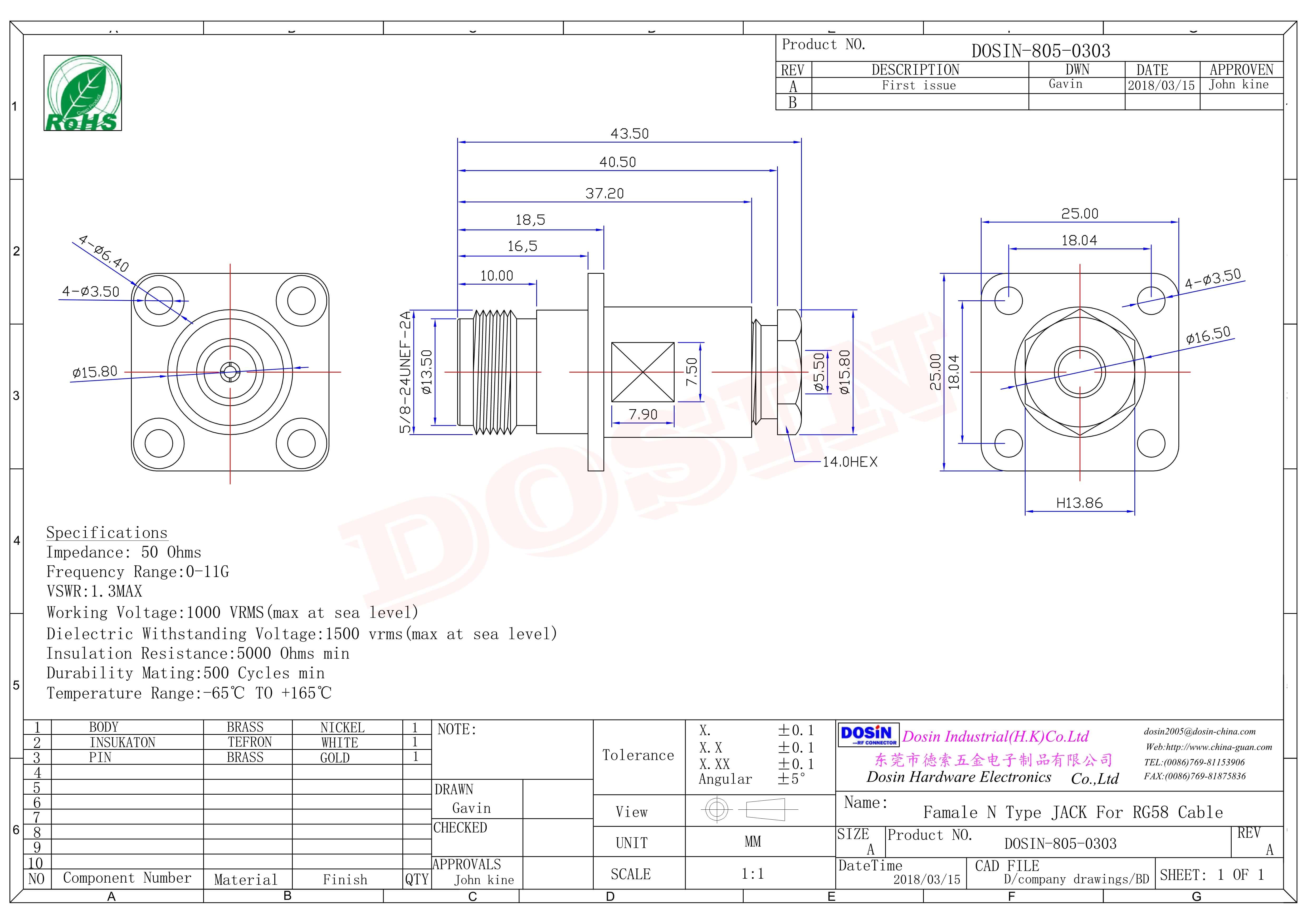 N型母頭直式四孔法蘭螺母鎖緊接式接線