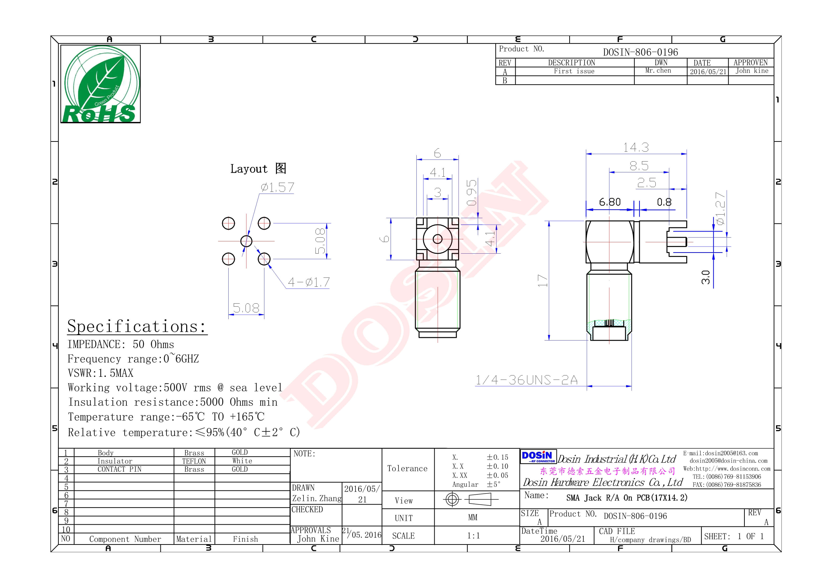 SMA直角彎頭RF連接器鍍金母頭插PCB板