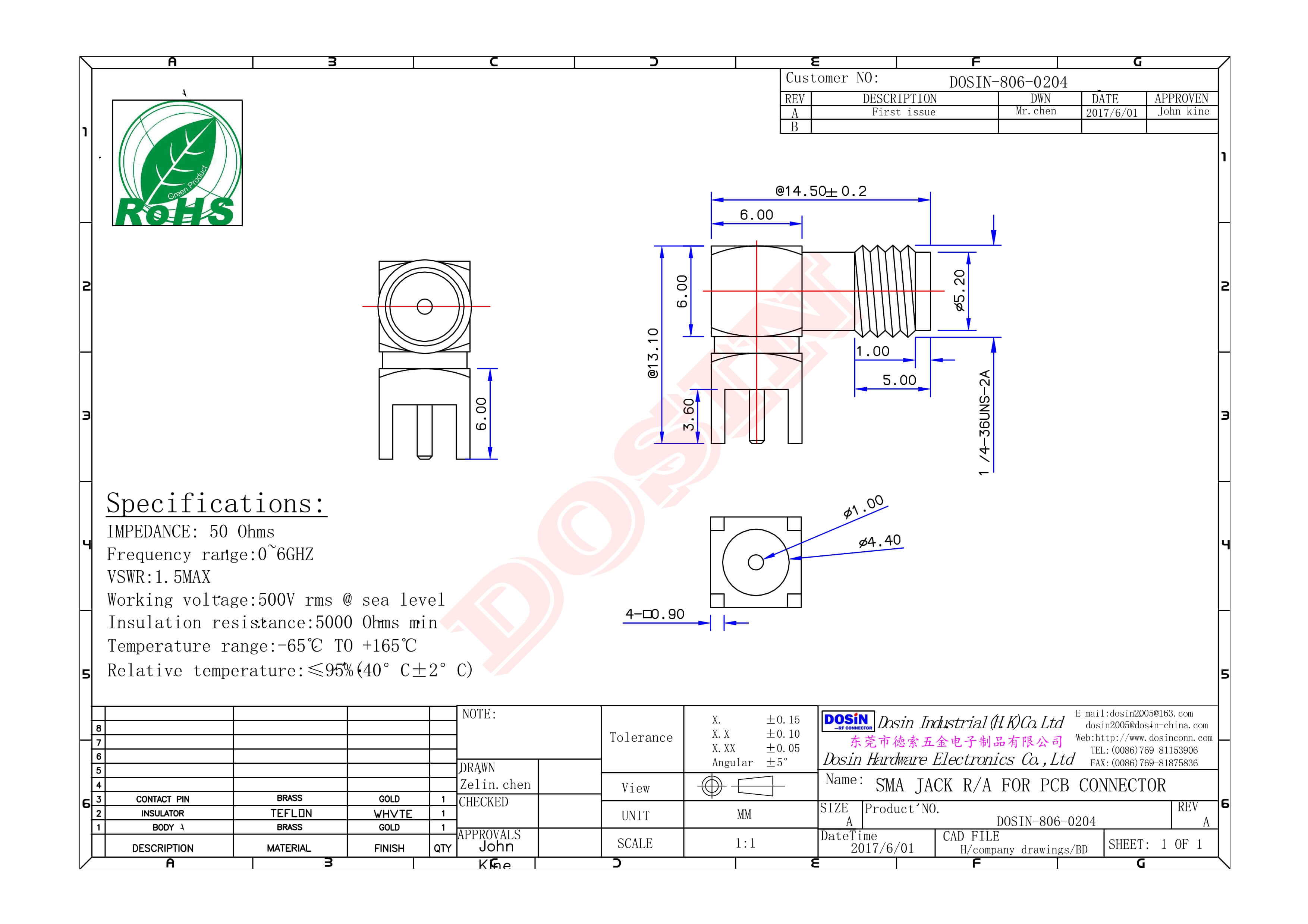 SMA母頭彎角90度射頻同軸連接器插PCB板