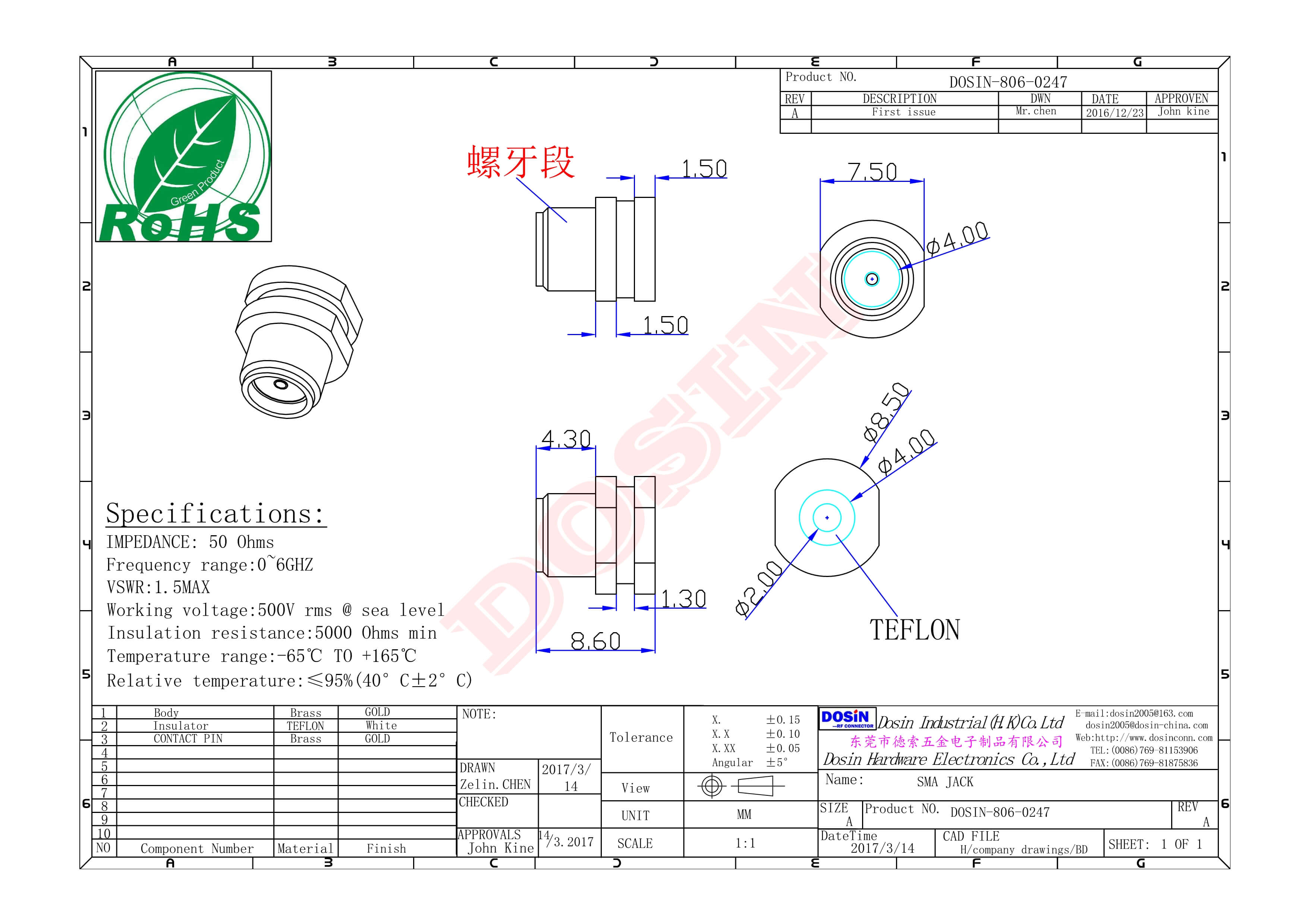SMA母頭穿墻直式鍍金SMT貼板接PCB板