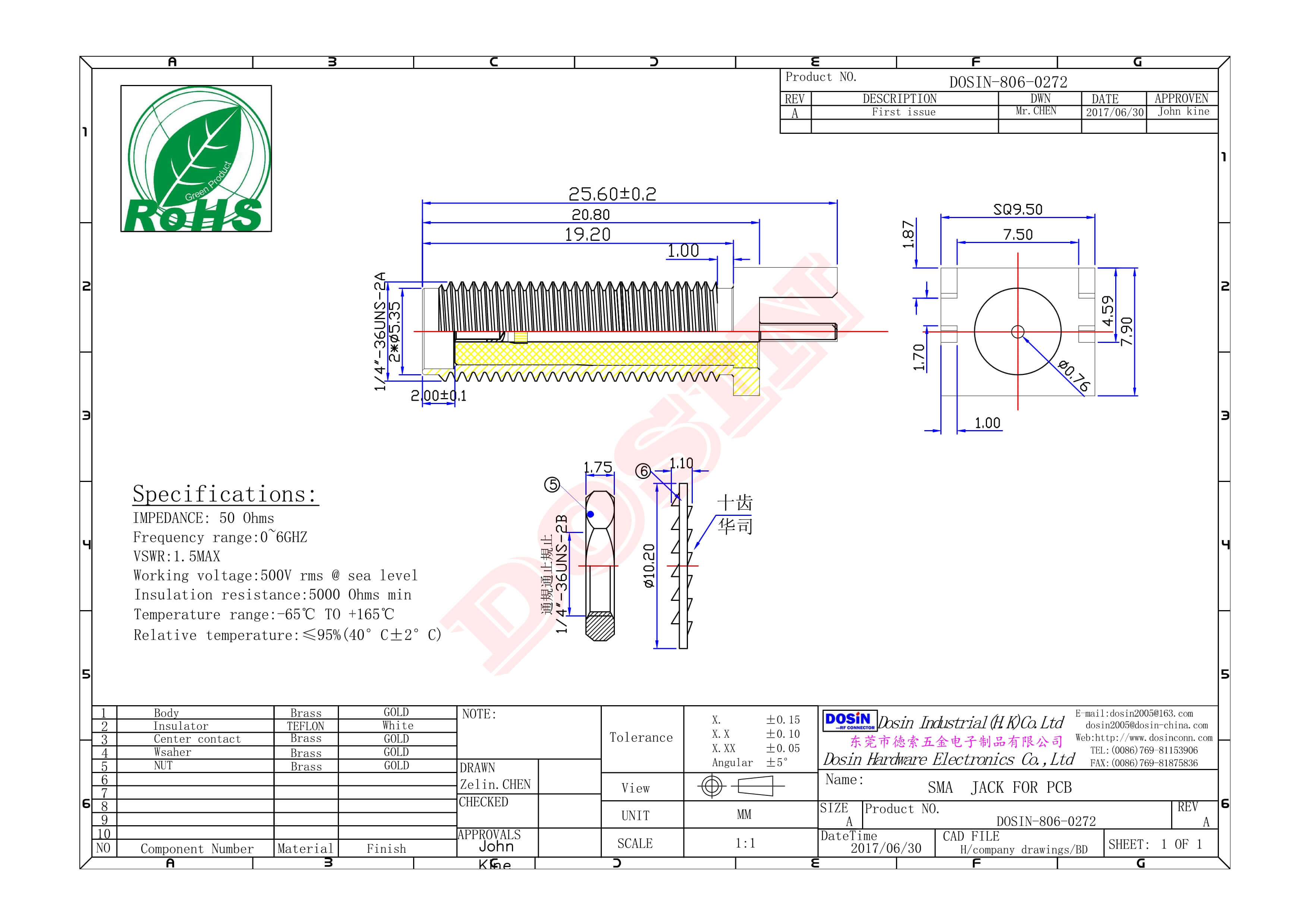 SMA直母座射頻同軸連接器螺紋連接插PCB板