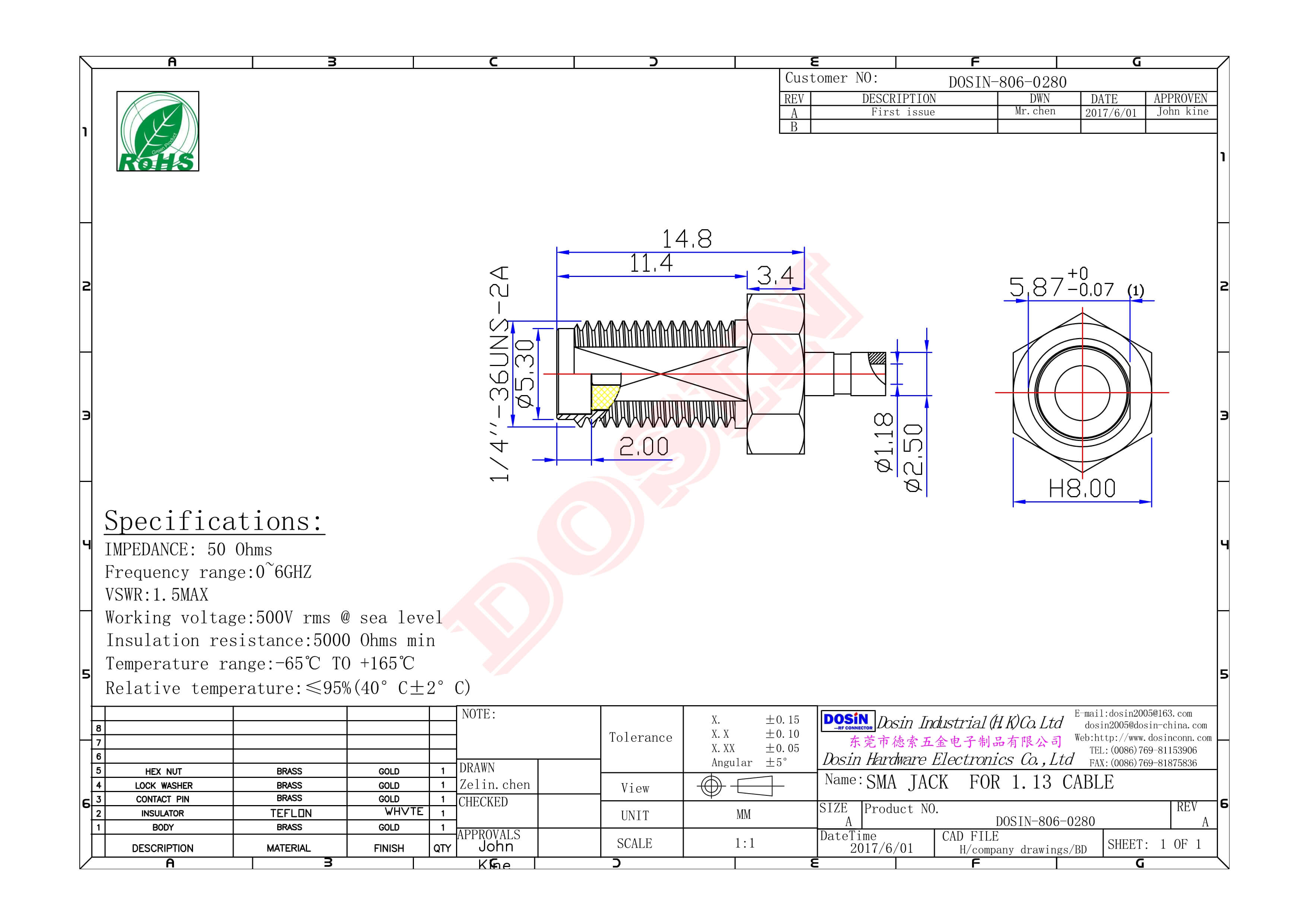 SMA直母座射頻連接器前鎖穿墻開天窗焊接