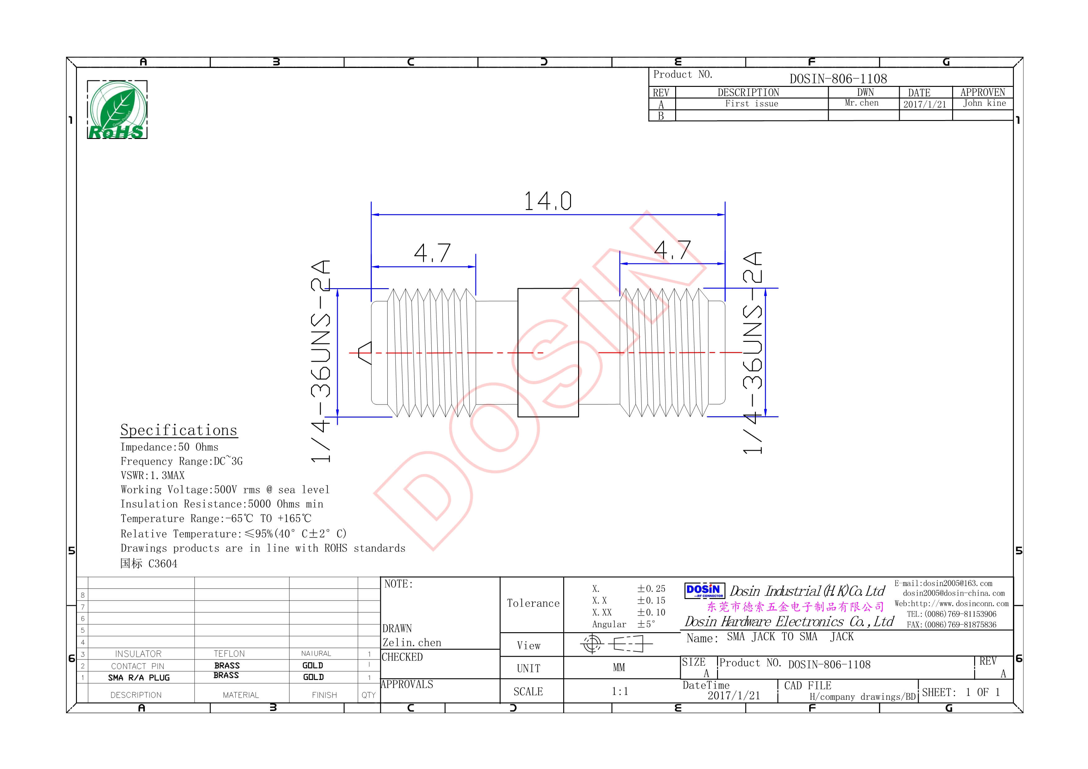 SMA射頻轉接頭直式母轉母反極鍍金