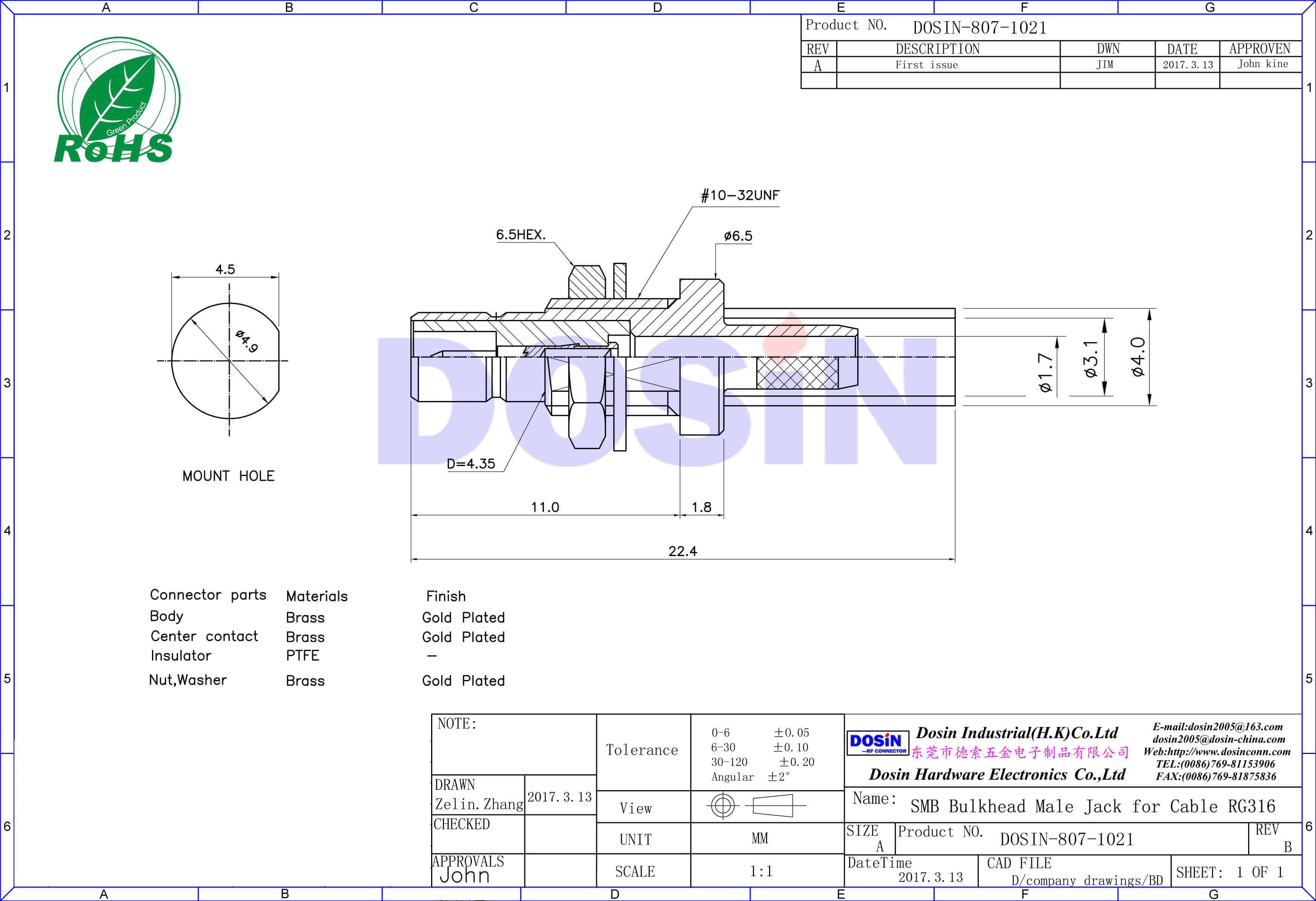 smb母頭鍍金穿墻直式有線電視接頭同軸電纜RG316