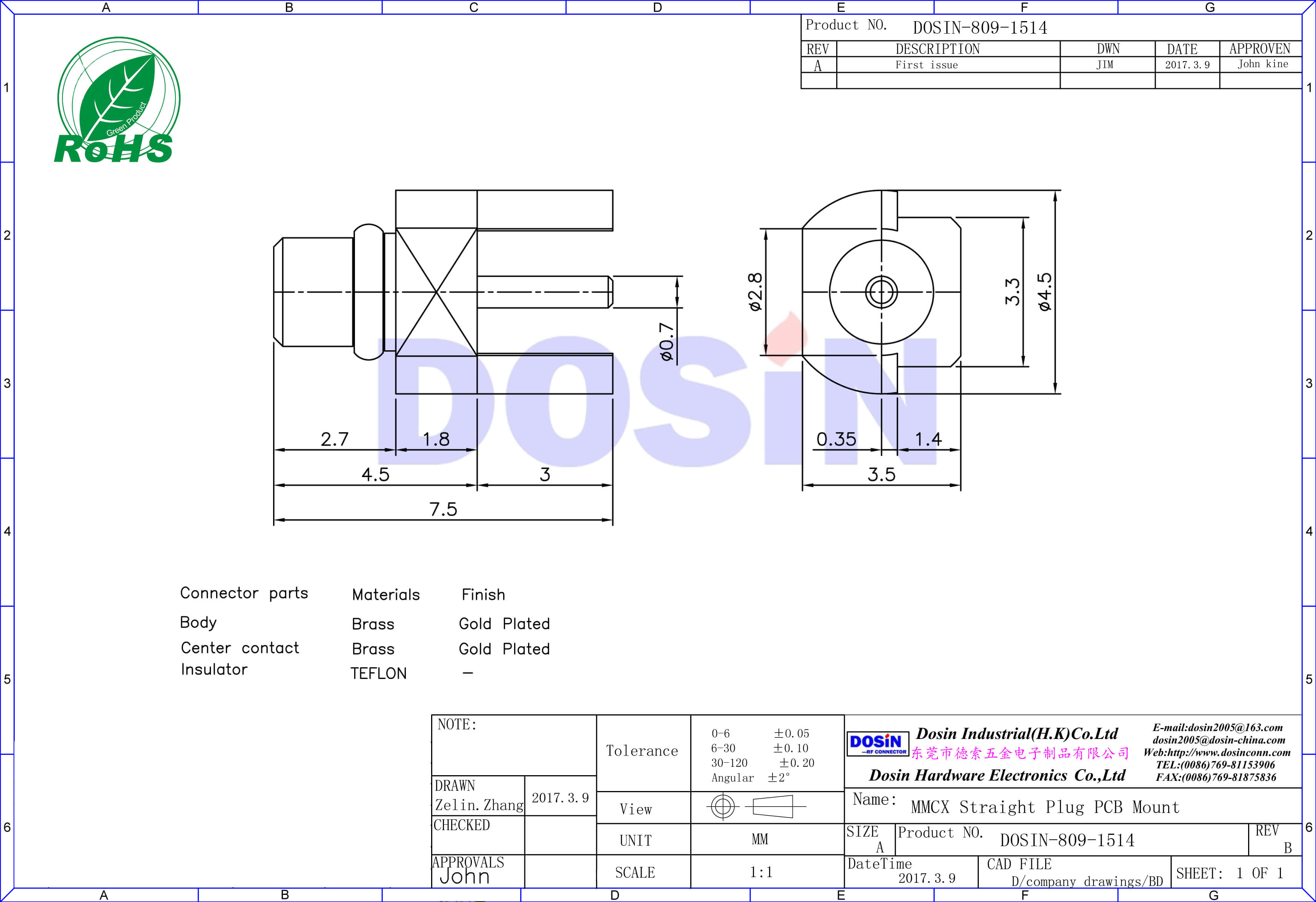 mmcx公頭沉板PCB板射頻同軸連接器