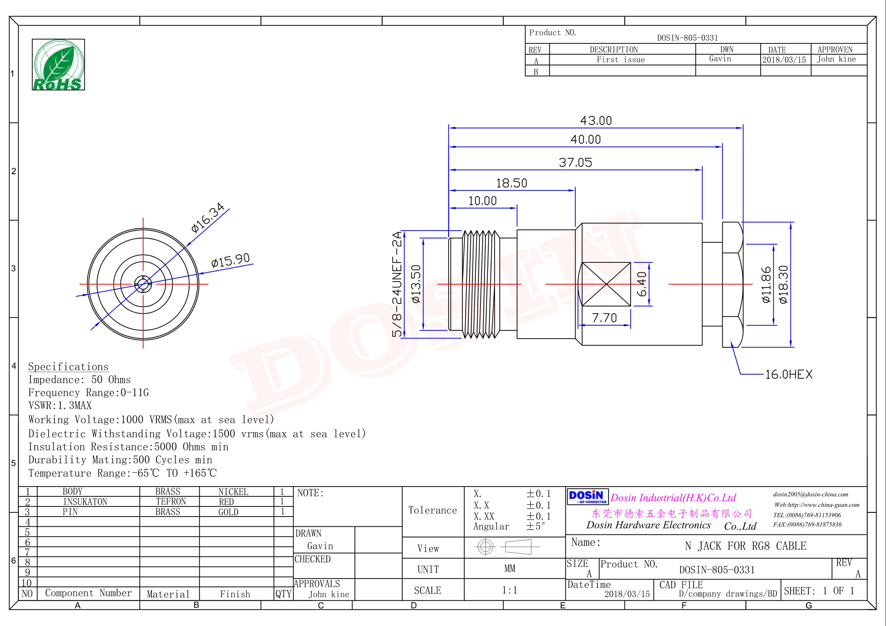 RF同軸N頭連接器直式母頭螺母鎖緊接線