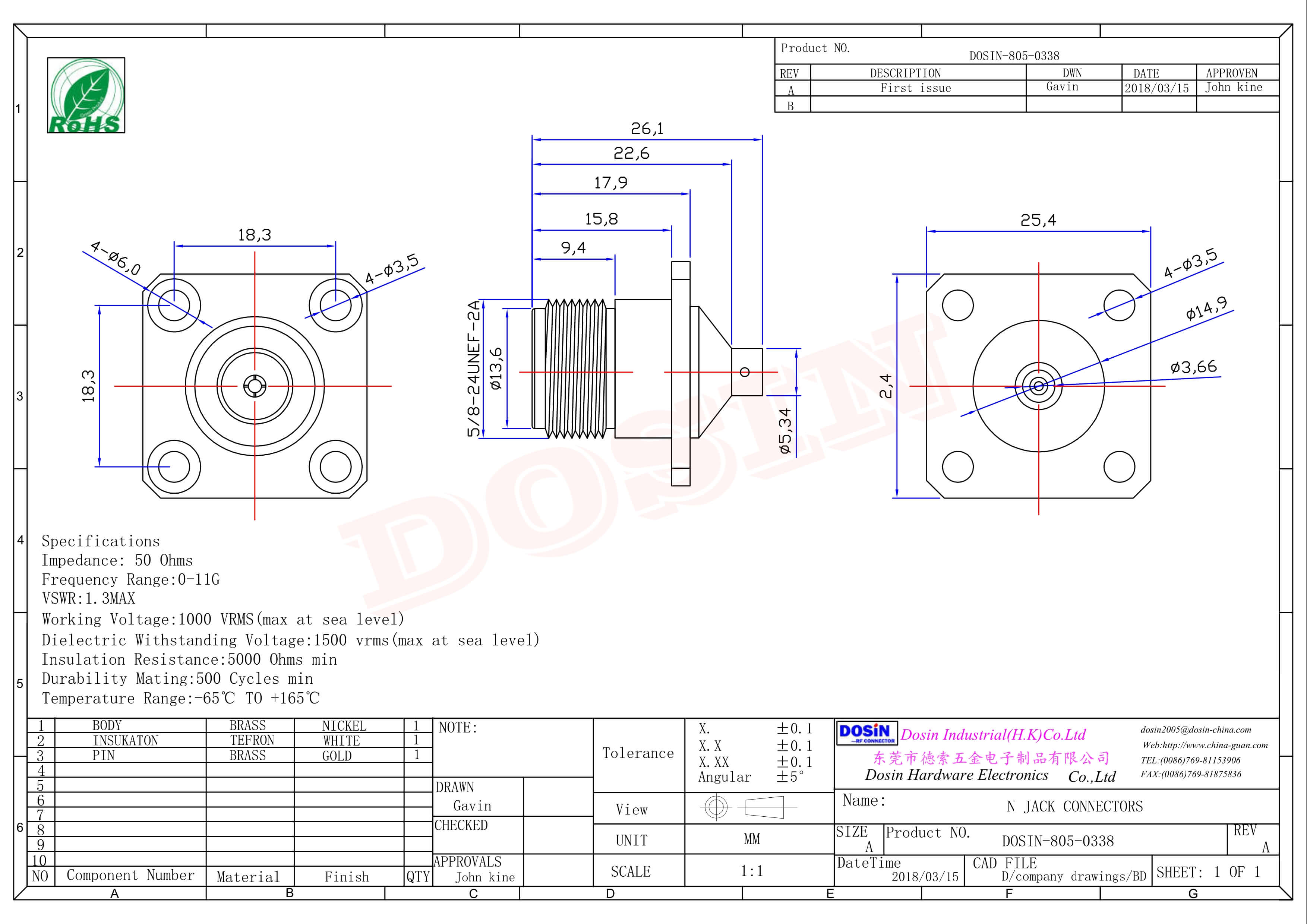 N型連接器焊接接同軸線纜直式母頭四孔法蘭
