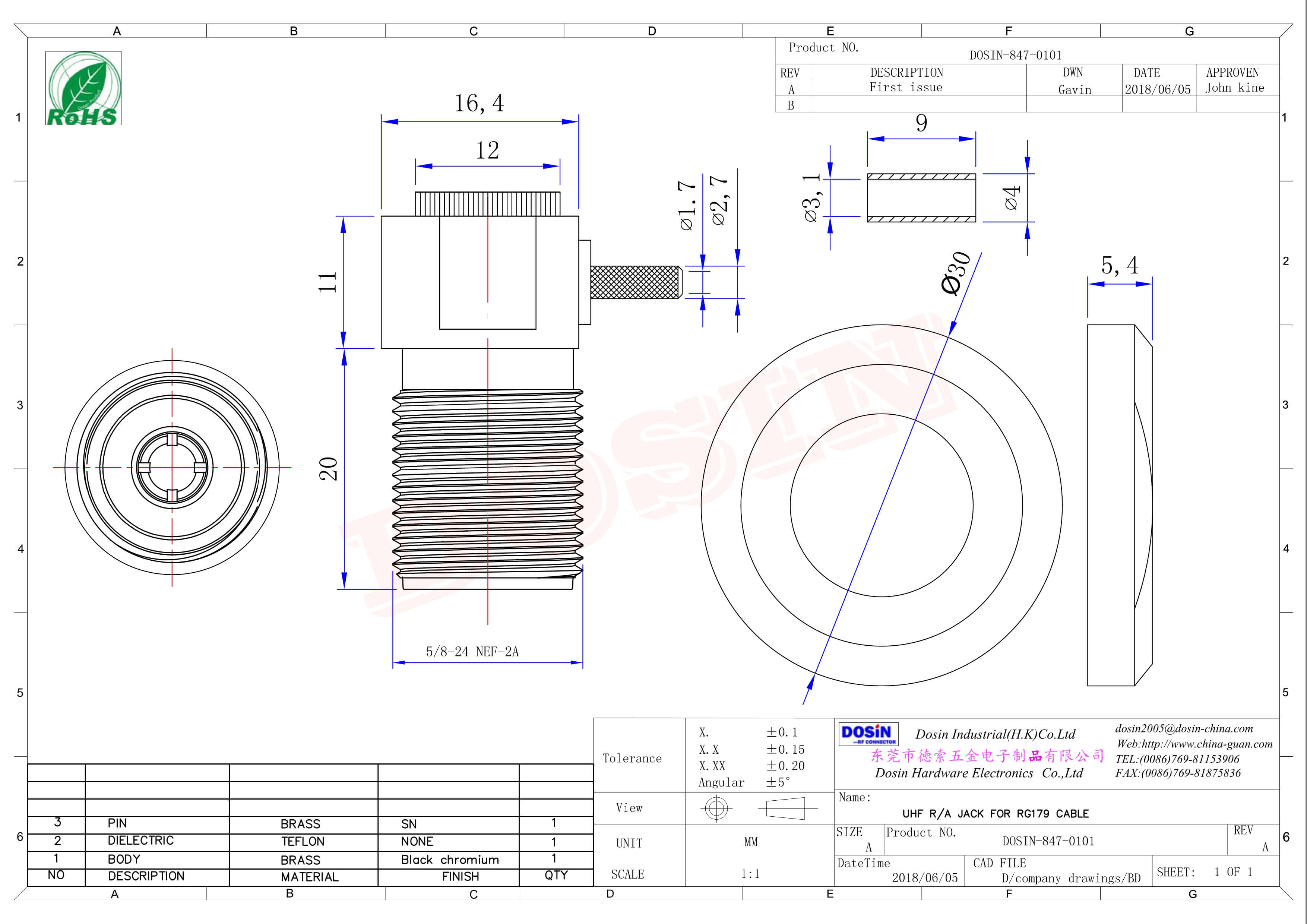 uhf接頭彎式母頭金針前鎖穿墻板端連接器