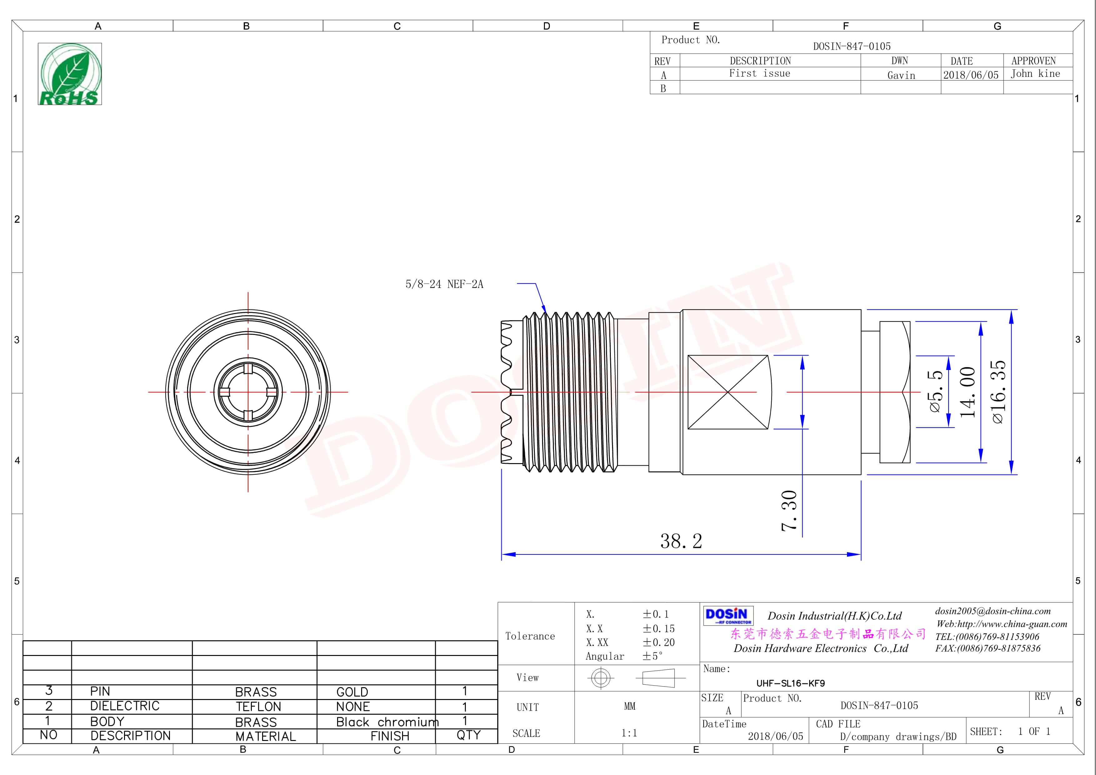 同軸電纜UHF接頭母頭螺母鎖緊直式UHF-SL16-KF9